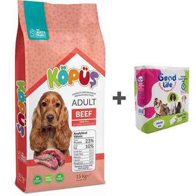 KÖPÜŞ YETİŞKİN KÖPEK MAMASI BİFTEKLİ 15 KG + ÇİŞ PEDİ HEDİYELİ