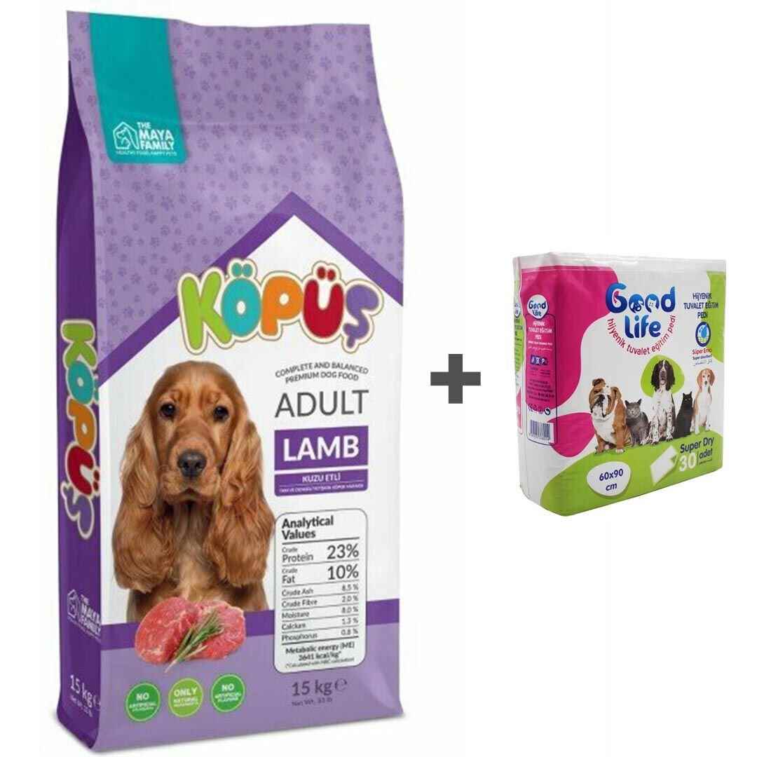 KÖPÜŞ YETİŞKİN KÖPEK MAMASI KUZU ETLİ 15 KG + ÇİŞ PEDİ HEDİYELİ