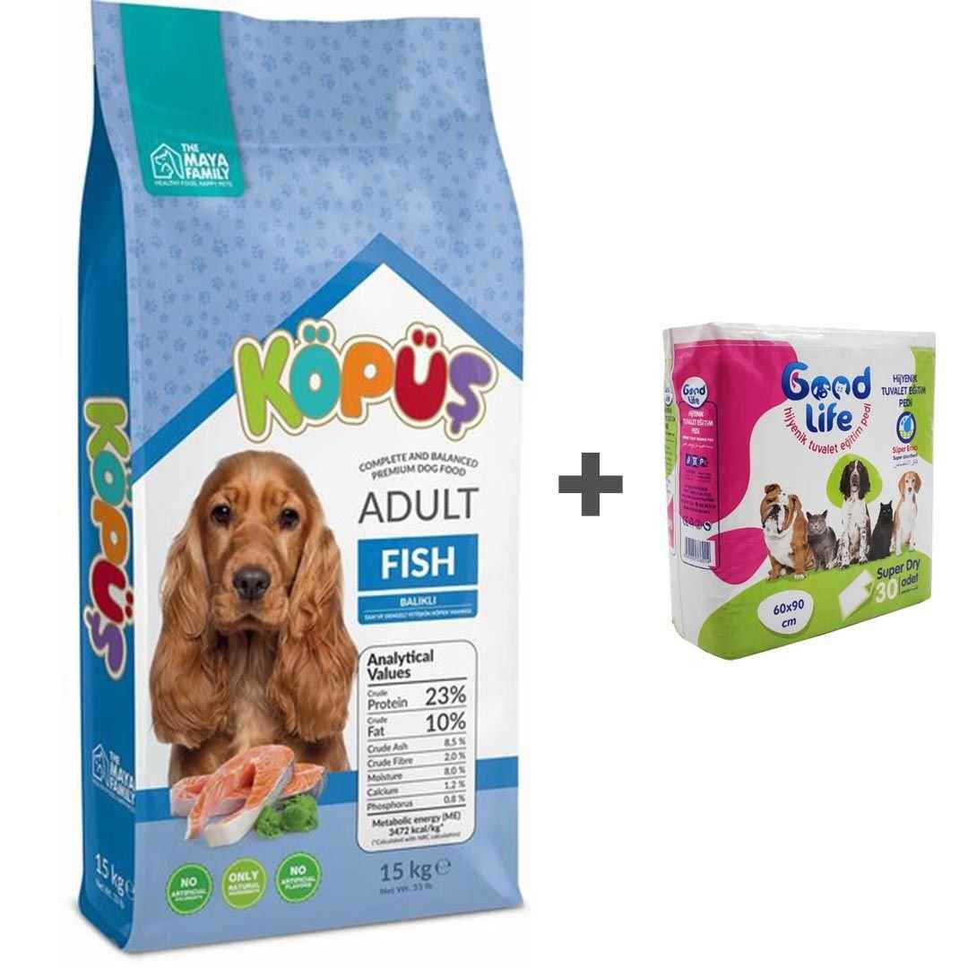 KÖPÜŞ YETİŞKİN KÖPEK MAMASI BALIKLI 15 KG + ÇİŞ PEDİ HEDİYELİ