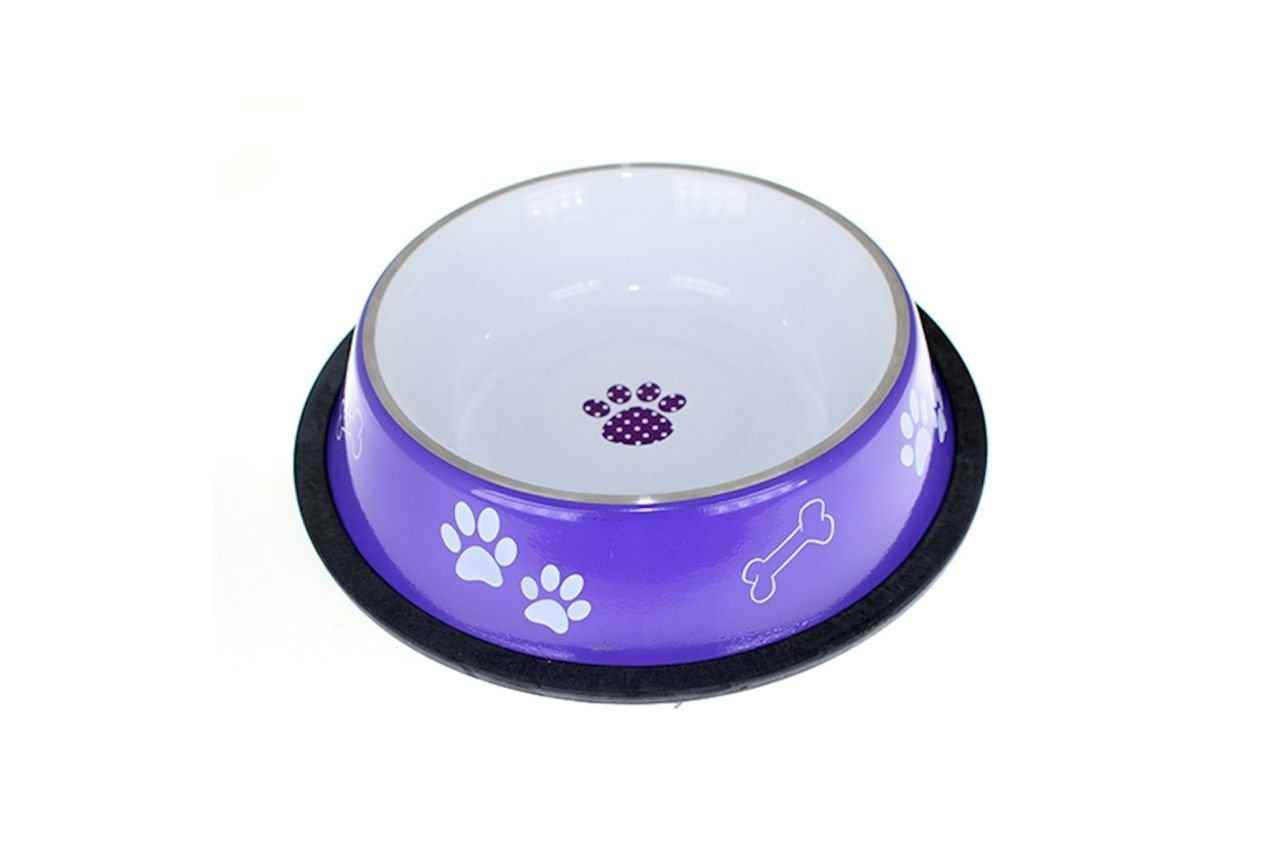Kaymaz Tabanlı Mor Desenli Mama ve Su Kabı (L)