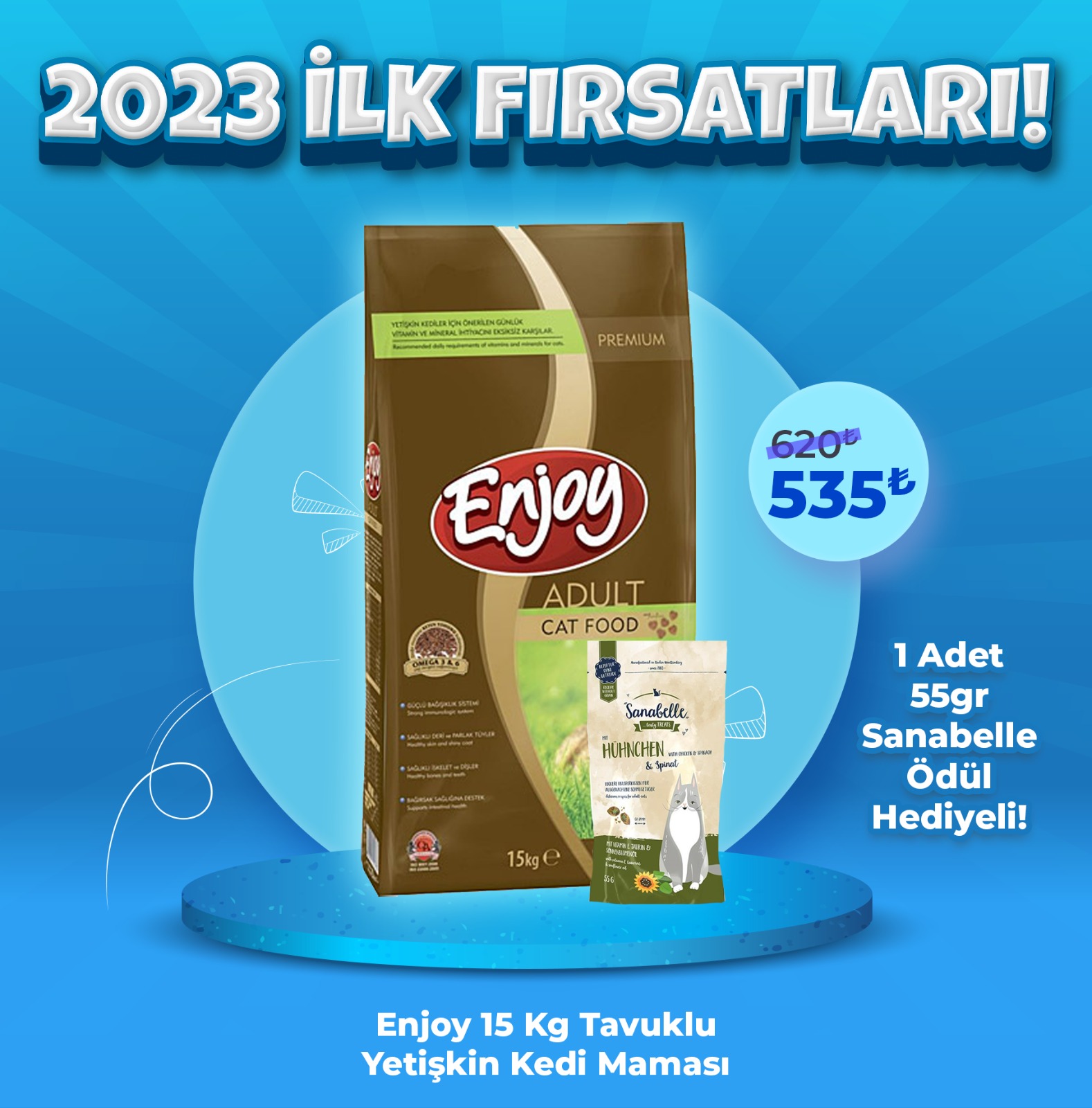 Enjoy 15 Kg Tavuklu Yetişkin Kedi Maması + 1 Adet Sanabelle Ödül Maması Hediyeli