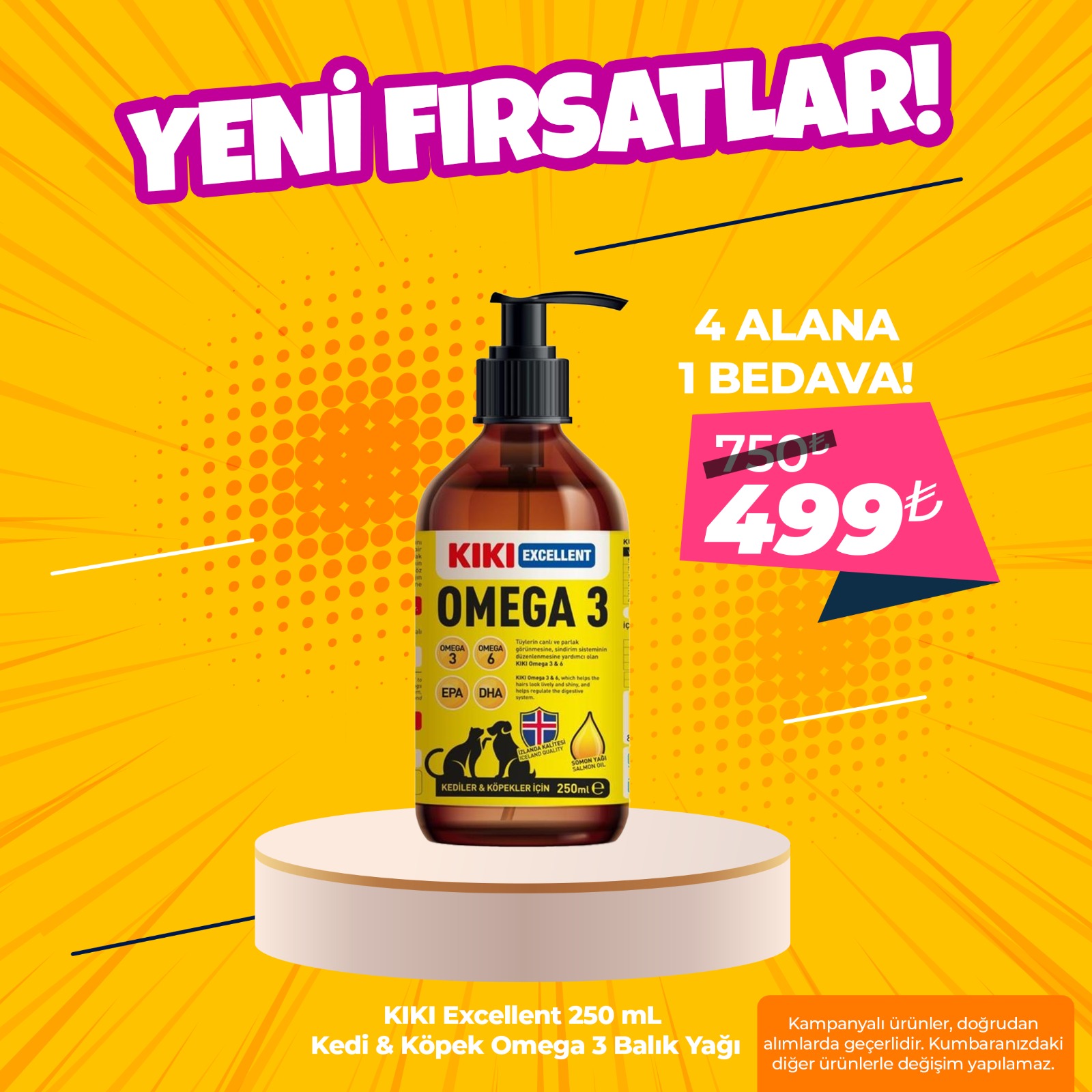 KIKI Excellent Kedi ve Köpek Omega 3 250 ml. (4 Alana 1 Bedava)