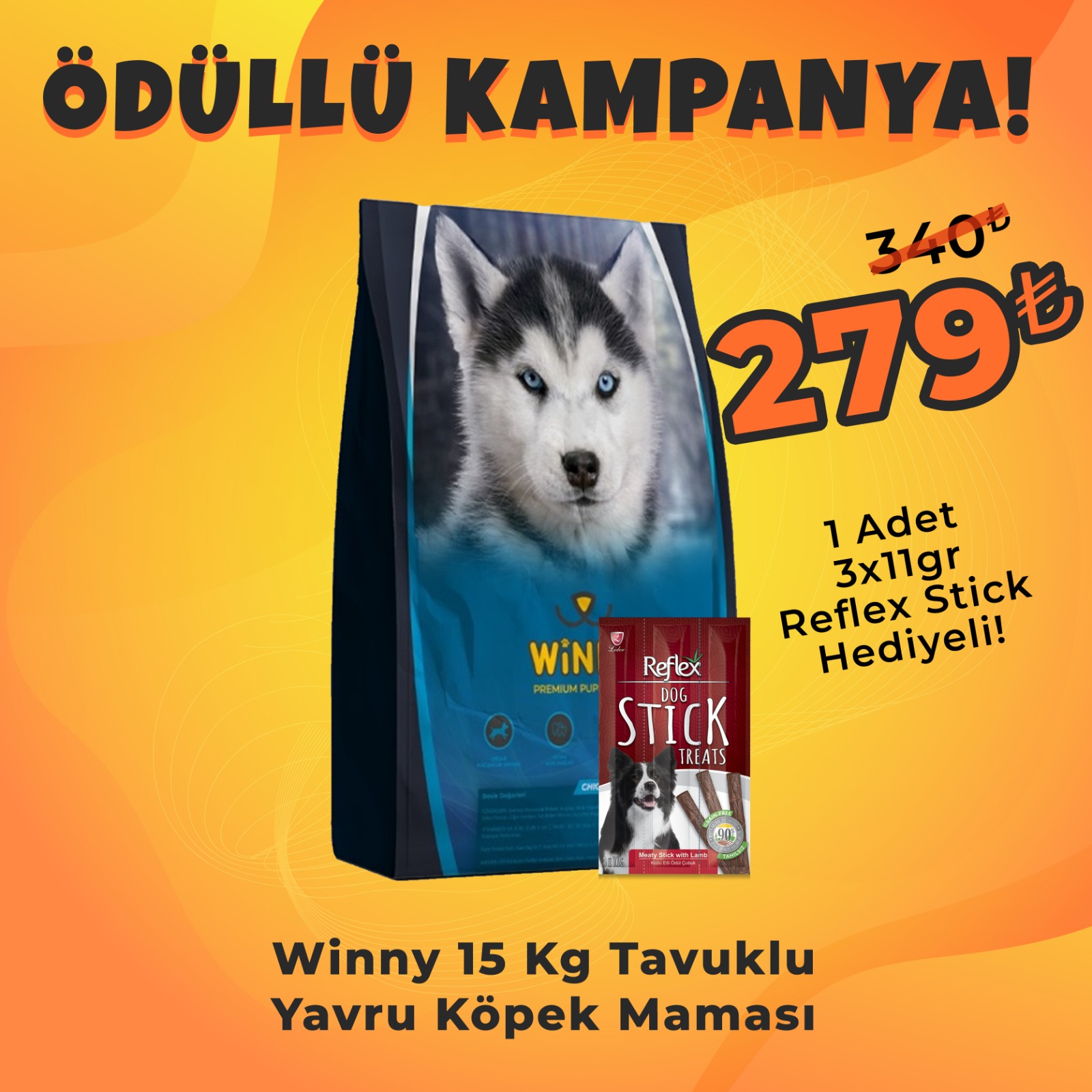 Winny Premium Puppy 15 Kg Yavru Köpek Maması + Reflex Köpek Stick Ödül Hediyeli 3x11 Gr