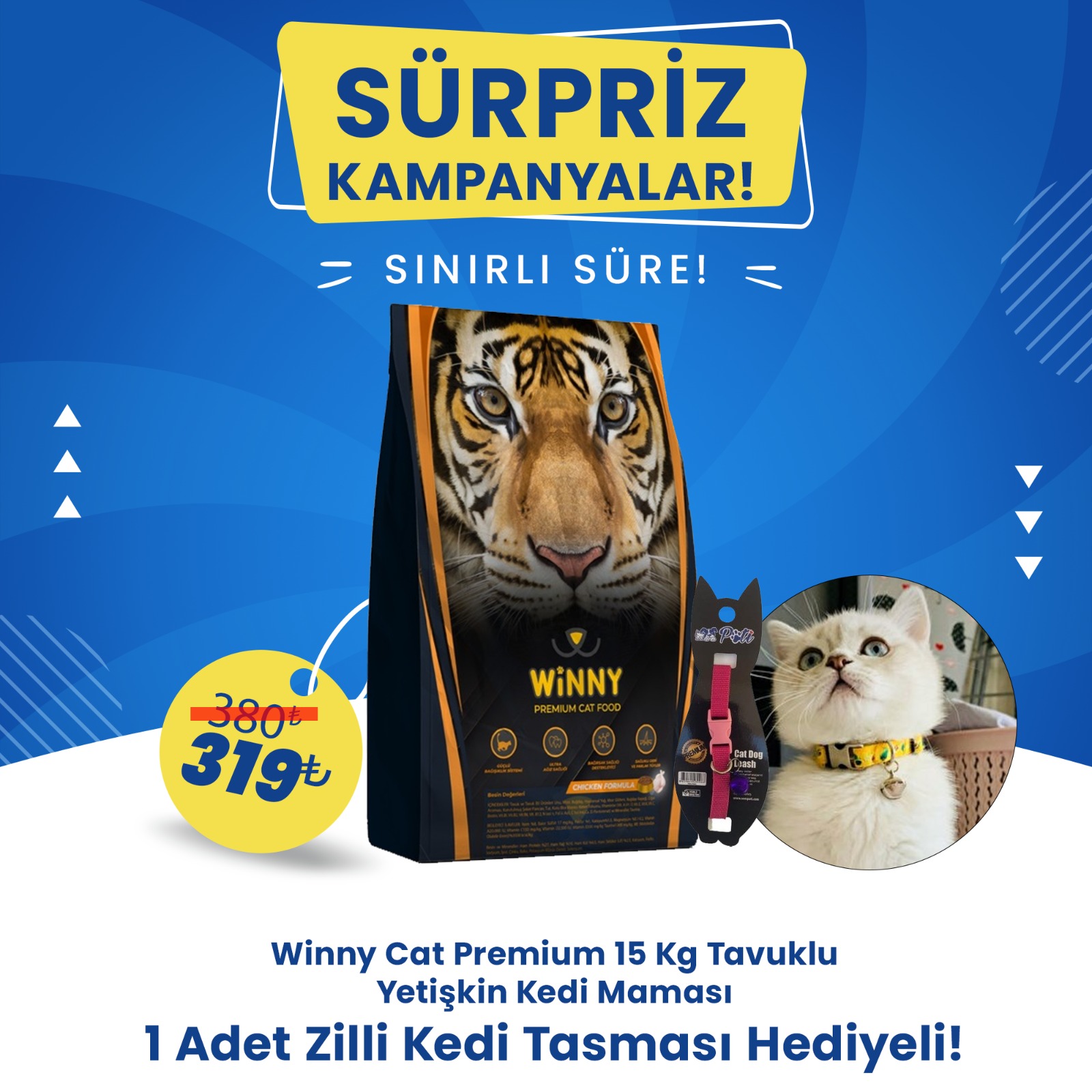 Winny Premium 15 Kg Tavuklu Yetişkin Kedi Maması + 1 Adet Zilli Kedi Tasması Hediyeli