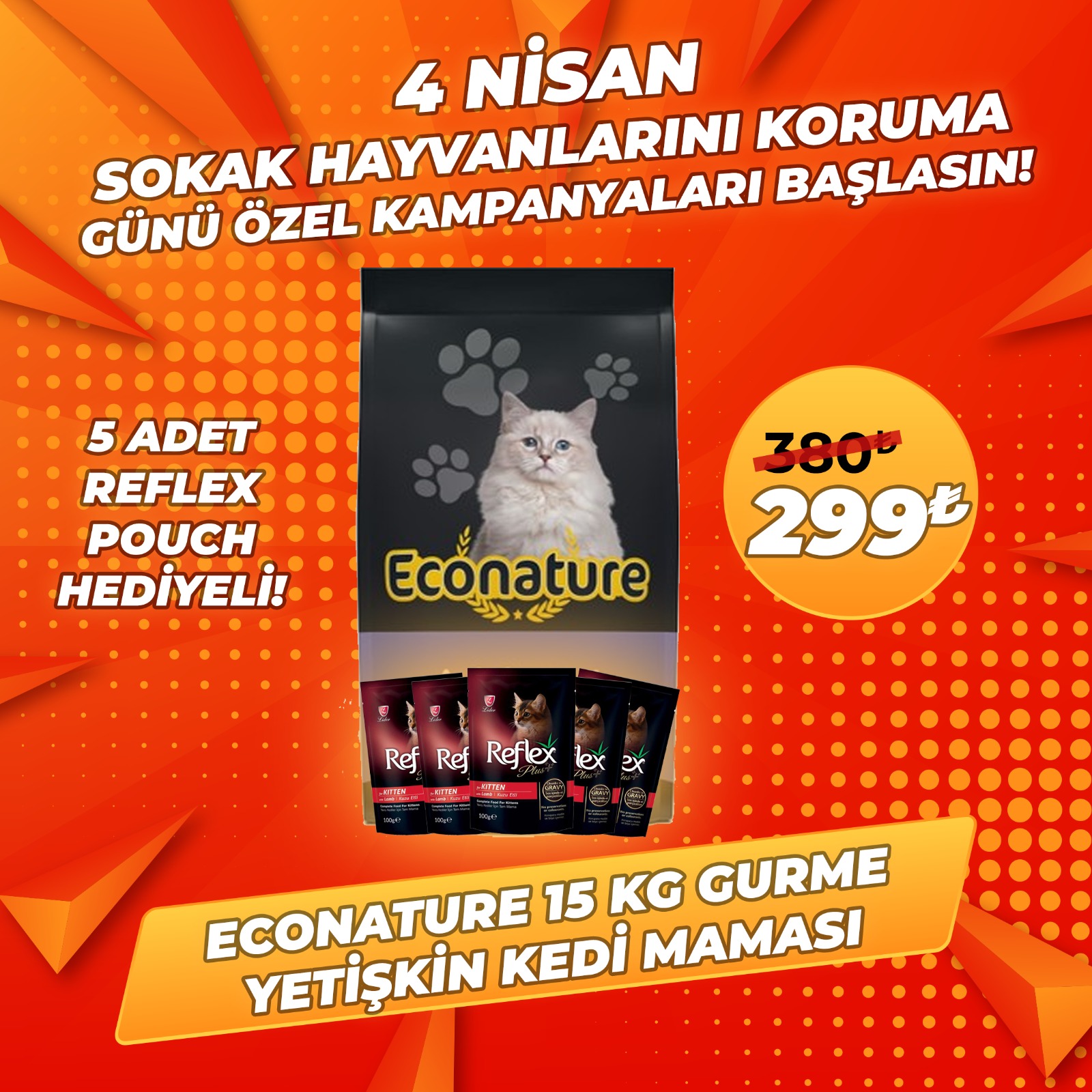 Econature 15 Kg Gurme Yetişkin Kedi Maması + 5 Adet Reflex 100 Gr Kedi Pouch Hediye