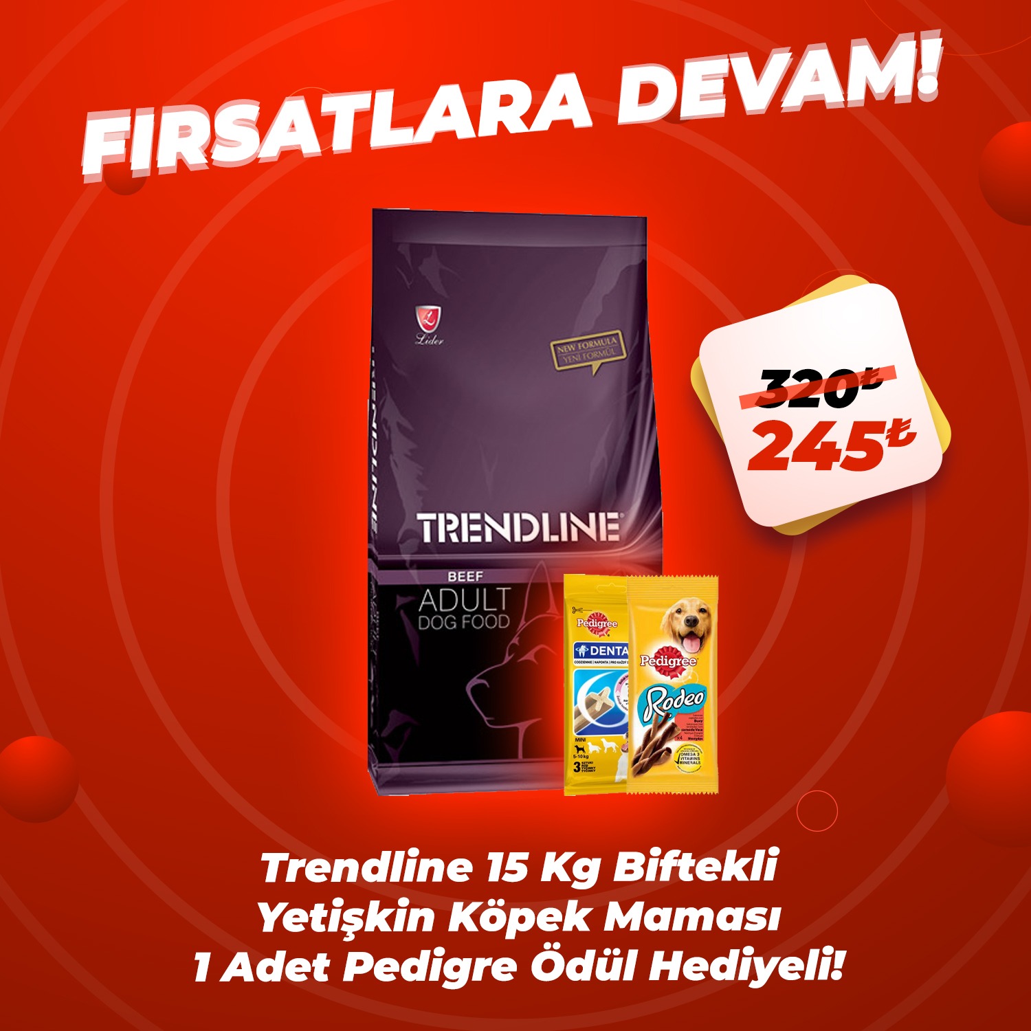 Trendline 15 Kg Biftekli Yetişkin Köpek Maması + 1 Adet Pedigree Ödül Hediyeli