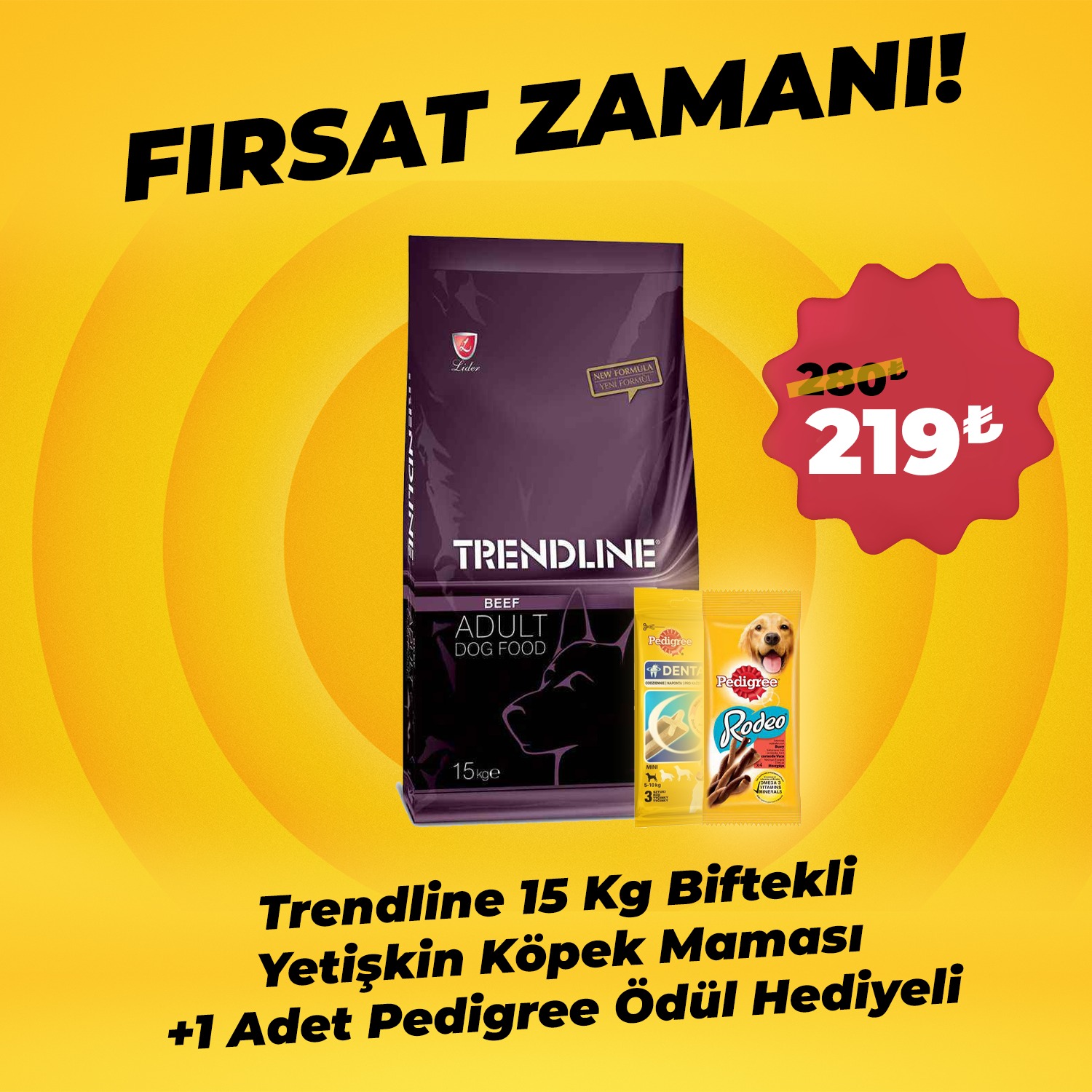 Trendline Biftekli Yetişkin Köpek Maması 15 Kg + 1 Adet Pedigree Ödül Maması Hediyeli