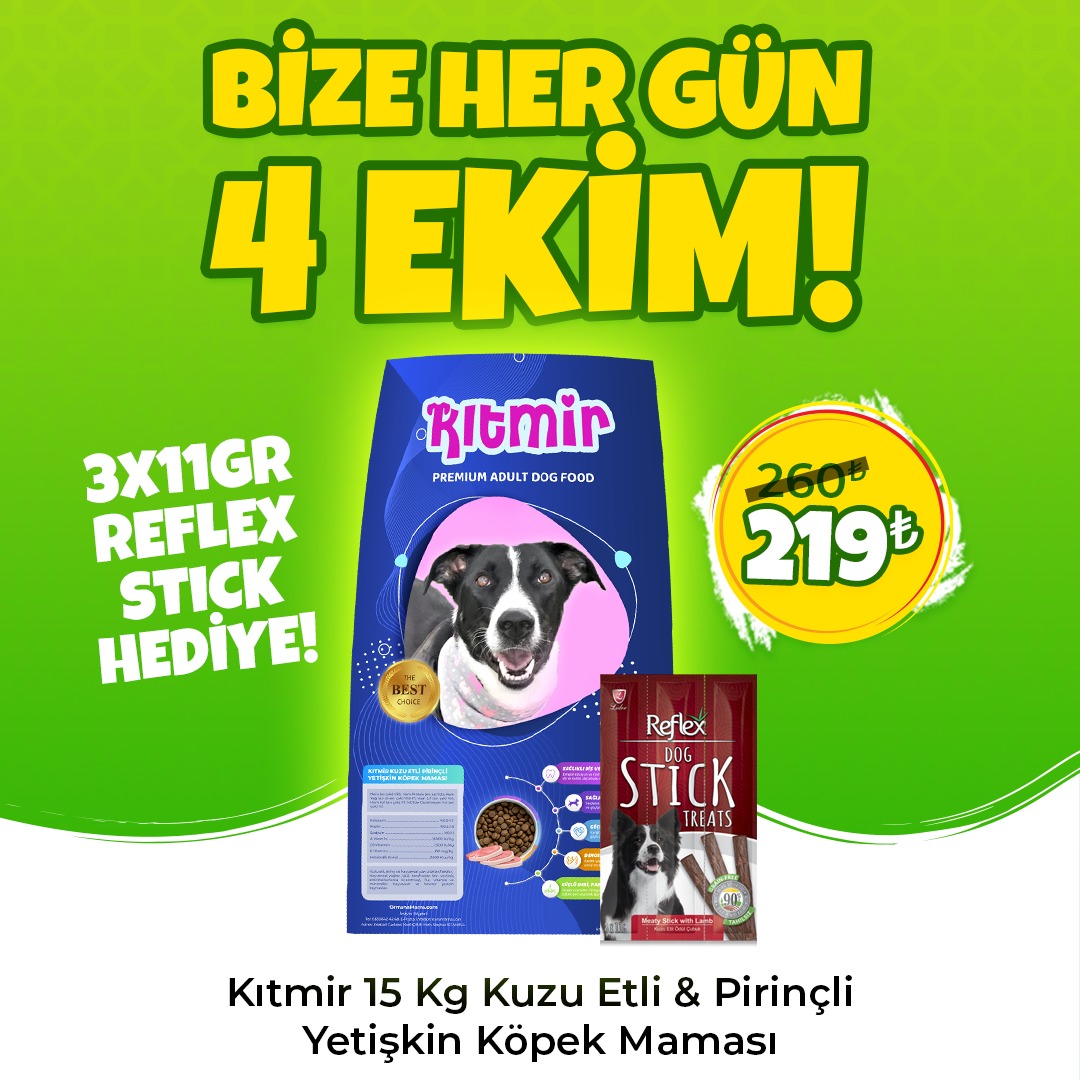 Kıtmir 15 Kg Kuzu Etli Pirinçli Premium Yetişkin Köpek Maması + 1 Adet Reflex 3x11 gr Stick Ödül Hediye