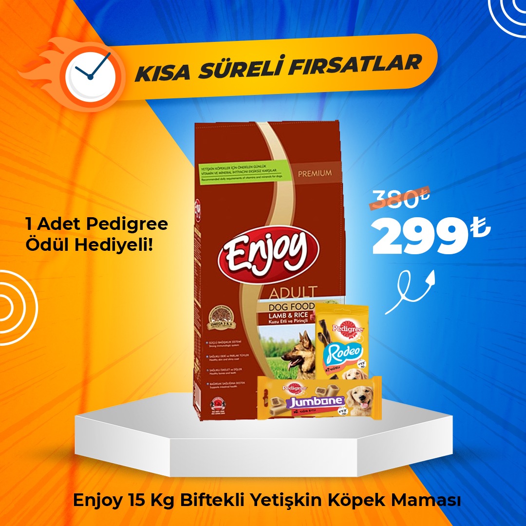 Enjoy 15 Kg Yetişkin Kuzu Etli Pirinçli Yetişkin Köpek Maması + 1 Adet Pedigree Ödül Maması Hediye