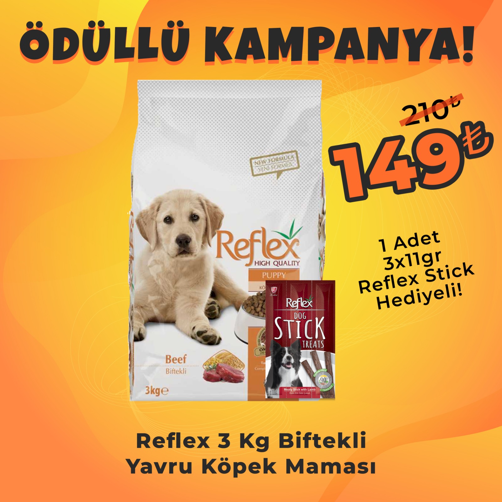 Reflex Beftekli Yavru Köpek Maması 3 Kg + Reflex Köpek Stick Ödül Hediyeli 3x11 Gr