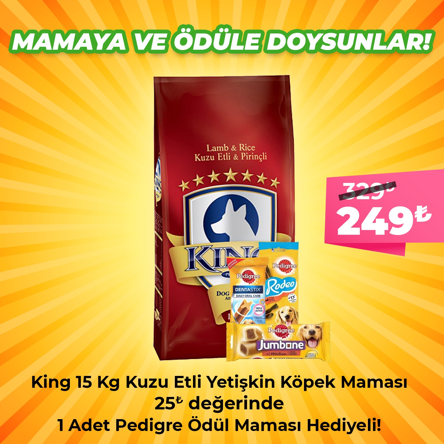 King Kuzu Etli Pirinçli Yetişkin Köpek Maması 15 Kg + 1 Adet Pedigree Ödül Maması Hediye