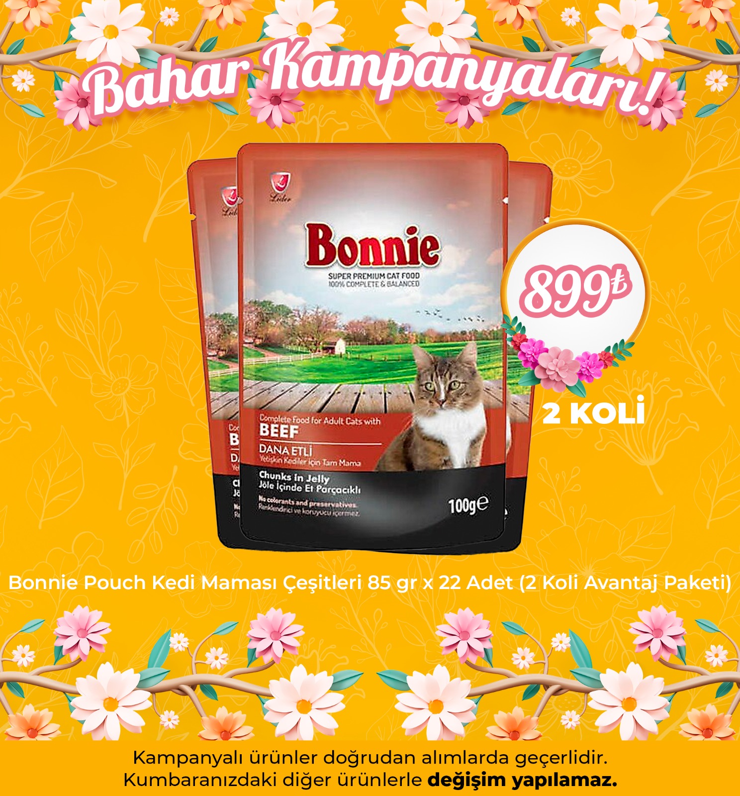 Bonnie Pouch Kedi Maması Çeşitleri 85 gr x 22 Adet (2 Koli Avantaj Paketi) 