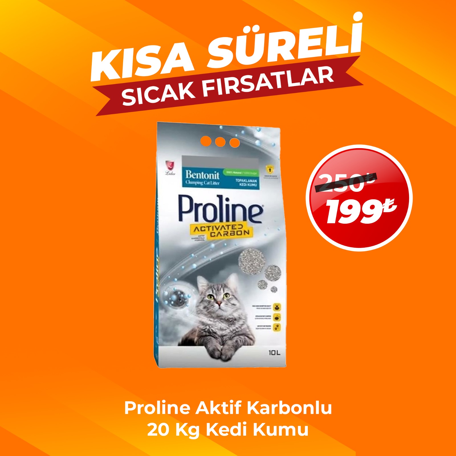 Proline Aktif Karbon Bentonit Topaklanan Kedi Kumu 20 lt