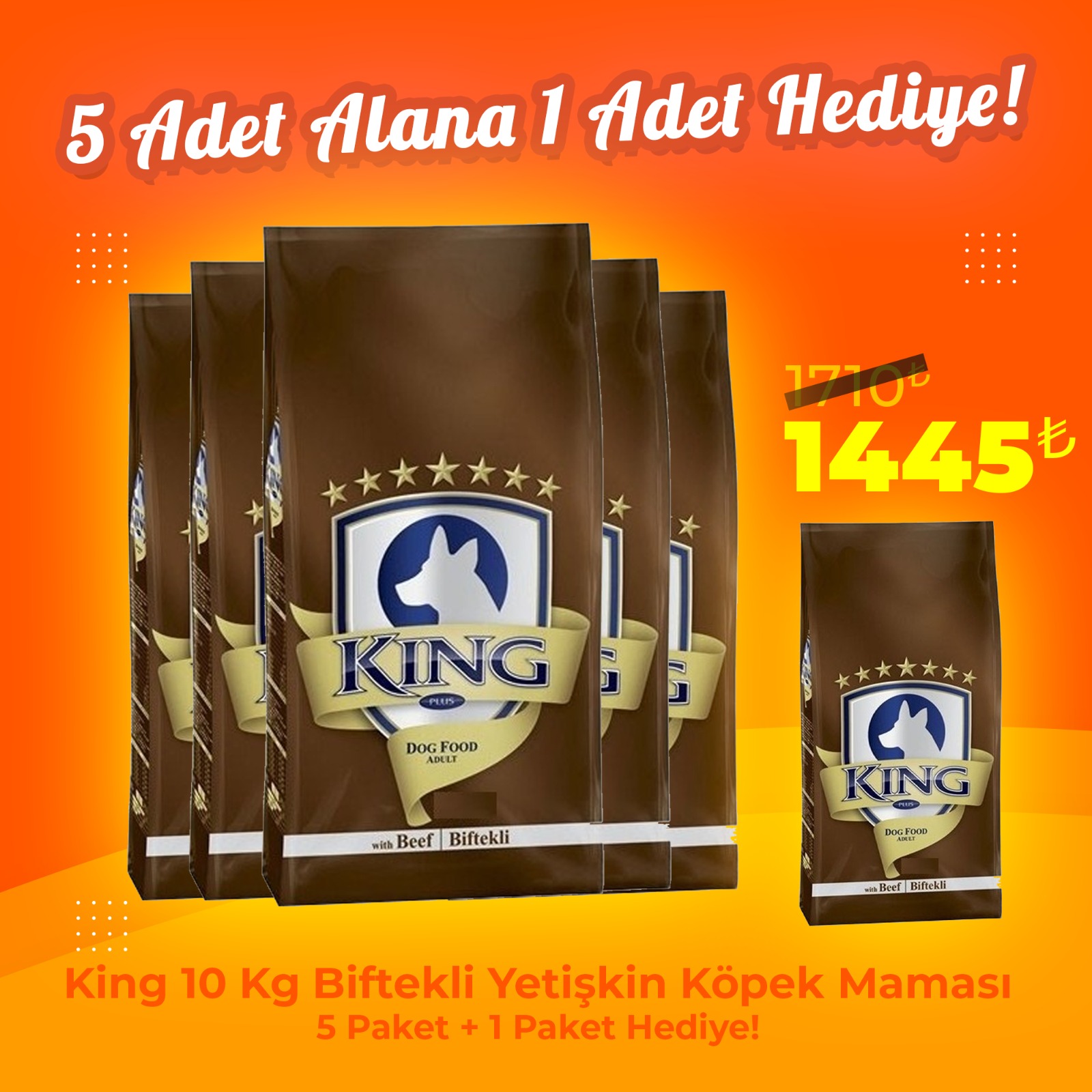 King Biftekli Yetişkin Köpek Maması 10 kg (5 Alana 1 Bedava Avantaj Paketi)