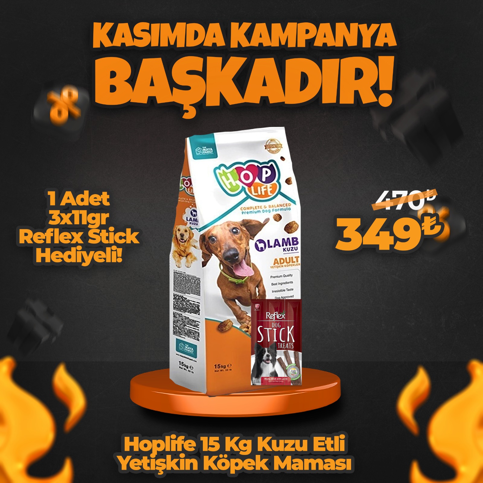 Hop Life Kuzu Etli Yetişkin Köpek Maması 15 Kg + 1 Adet Reflex Stick Ödül Hediyeli