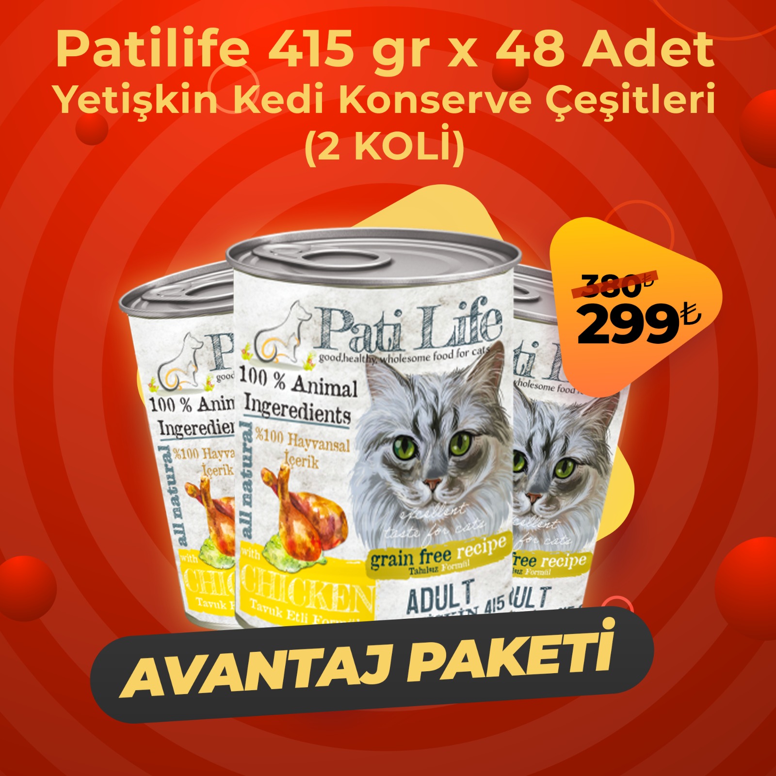 Pati Life Kedi Konserve Çeşitleri 48 Adet x 415 Gr (2 Koli)