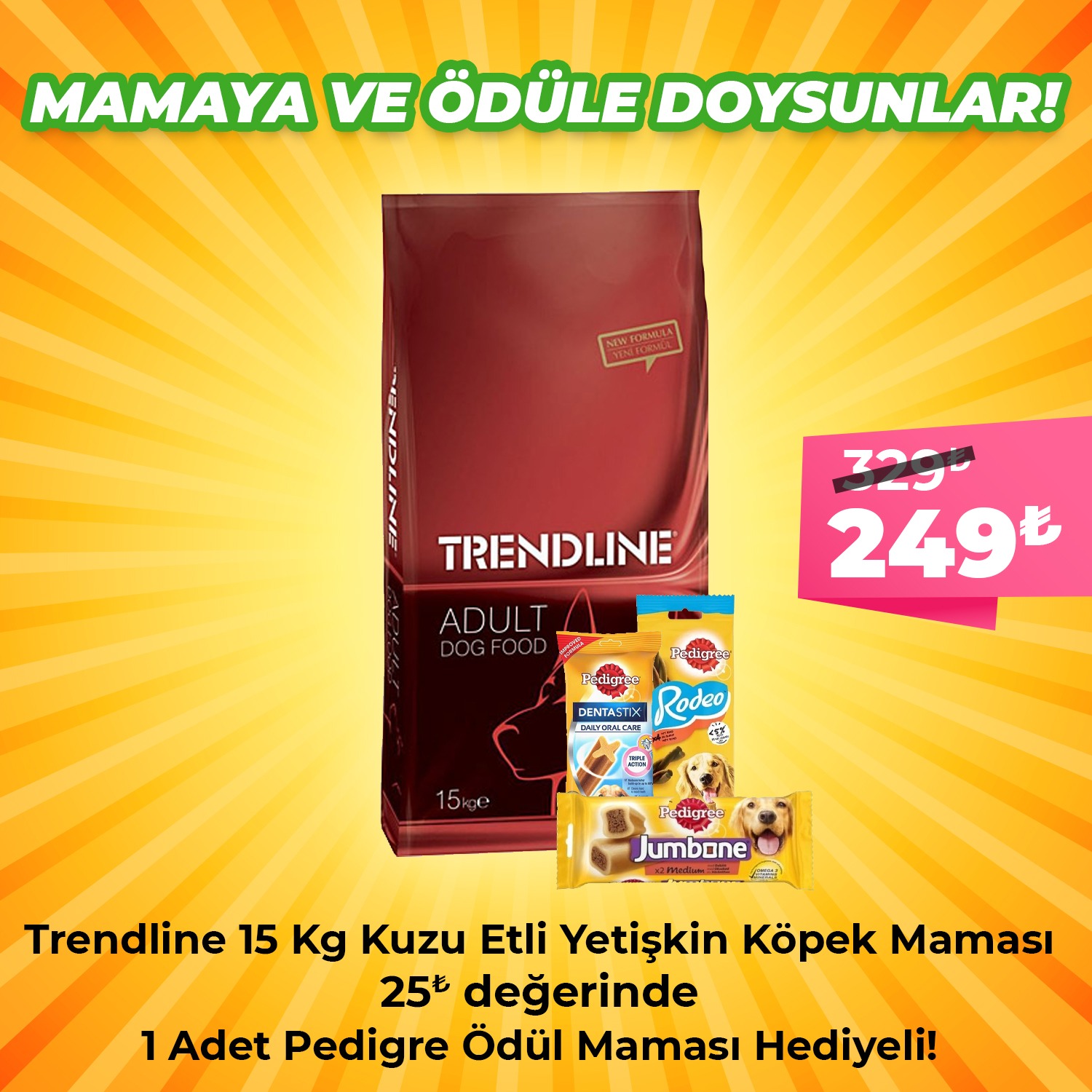 Trendline Kuzu Etli Yetişkin Köpek Maması 15 Kg + 1 Adet Pedigree Ödül Maması Hediye