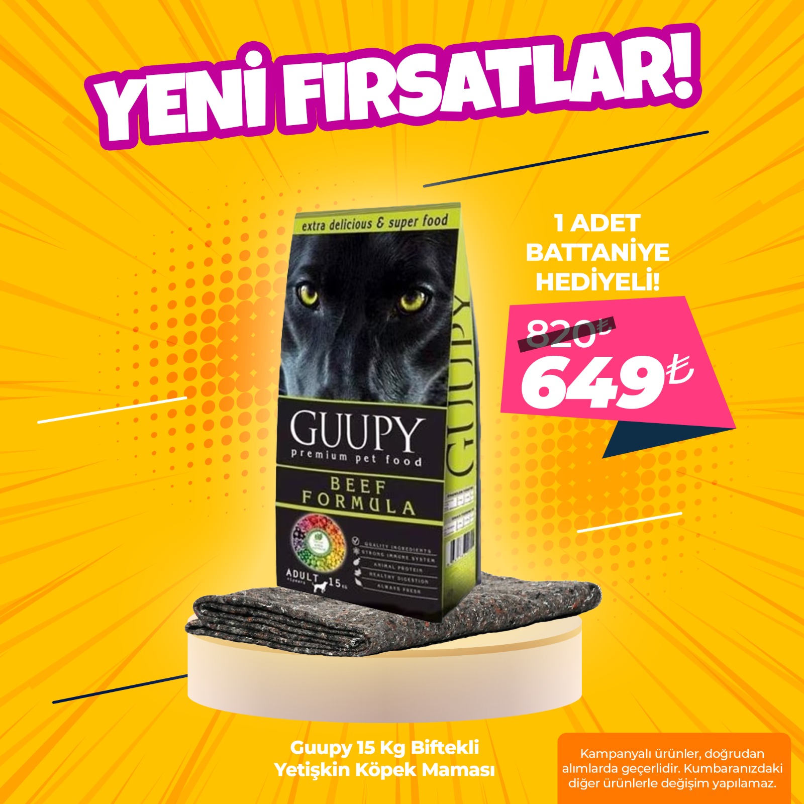 Guupy Biftekli Yetişkin Köpek Maması 15 Kg ve 1 Adet Kışlık Yün Battaniye Hediyeli!