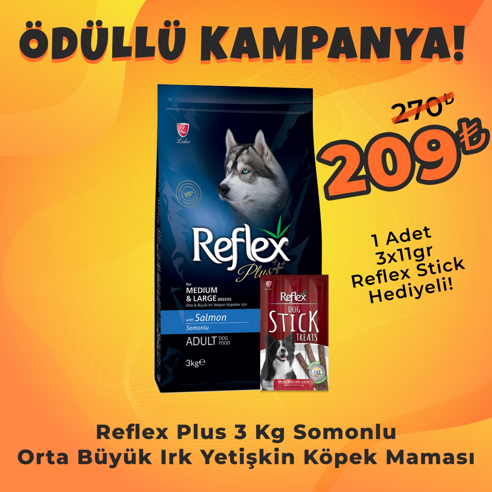 Reflex Plus Orta Büyük Irk Somonlu Yetişkin Köpek Maması 3 Kg + Reflex Köpek Stick Ödül Hediyeli 3x11 Gr
