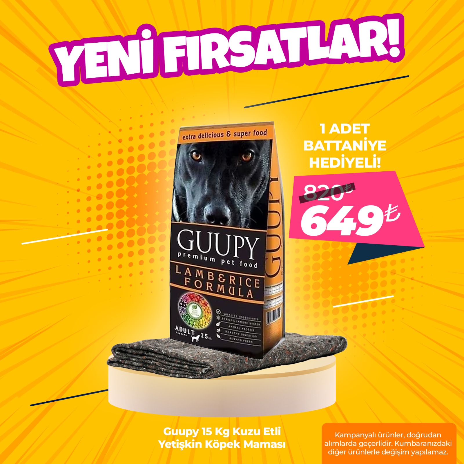 Guupy Kuzu Etli ve Pirinçli Yetişkin Köpek Maması 15 Kg + 1 Adet Kışlık Battaniye Hediyeli!
