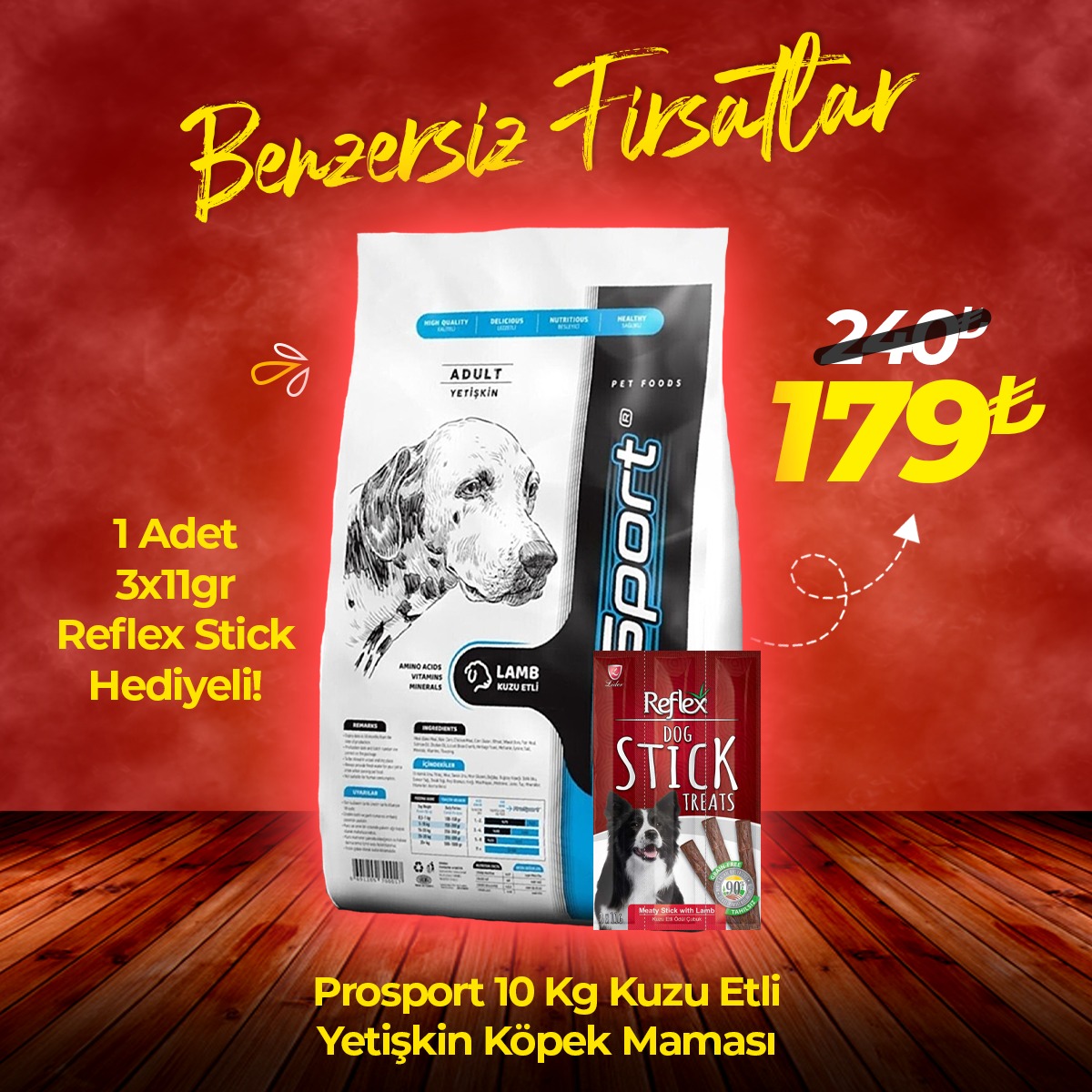 ProSport Kuzu Etli Yetişkin Köpek Maması 10 KG + Reflex Köpek Stick Ödül Hediyeli 3x11 Gr