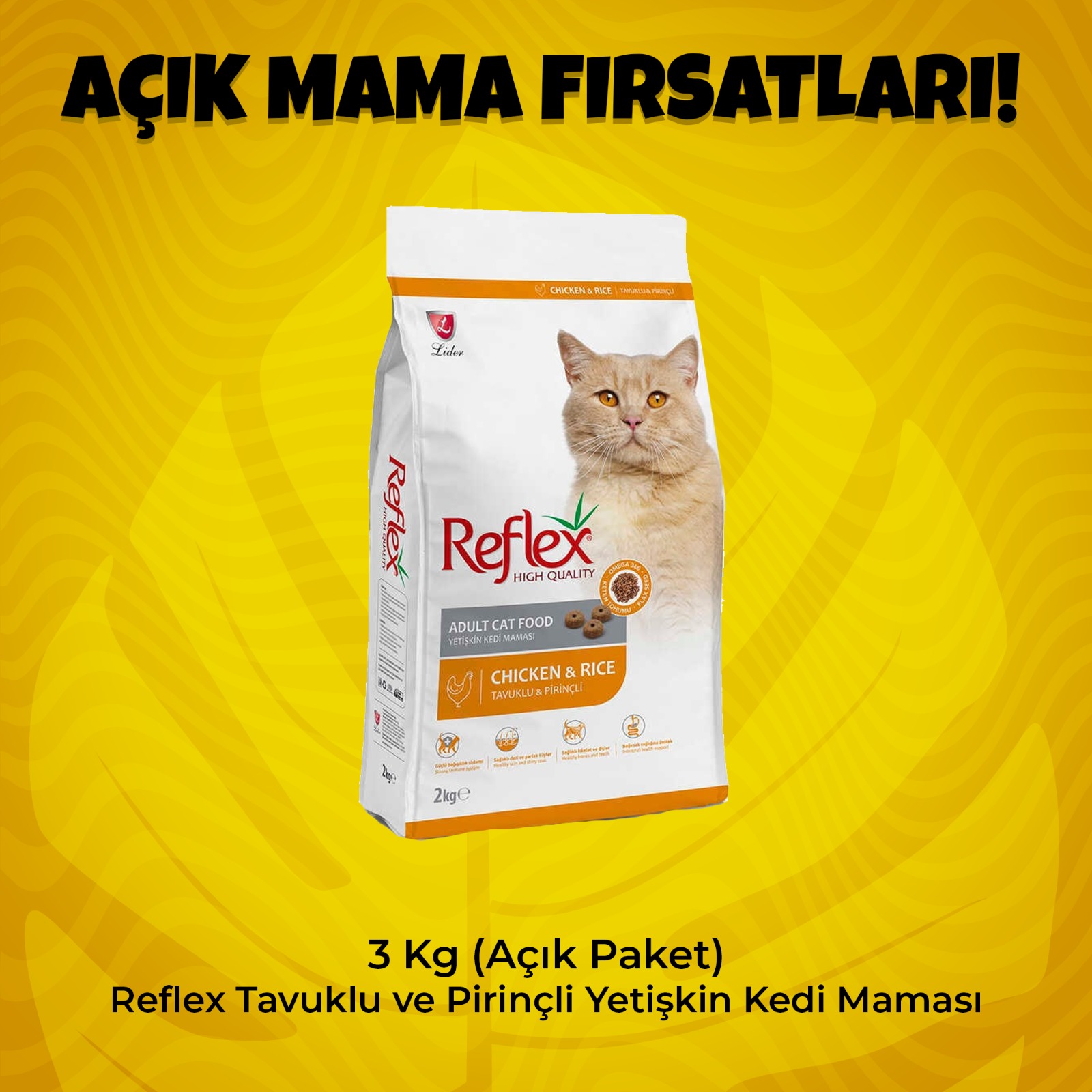 3 Kg (Açık Paket) Reflex Tavuklu ve Pirinçli Yetişkin Kedi Maması 