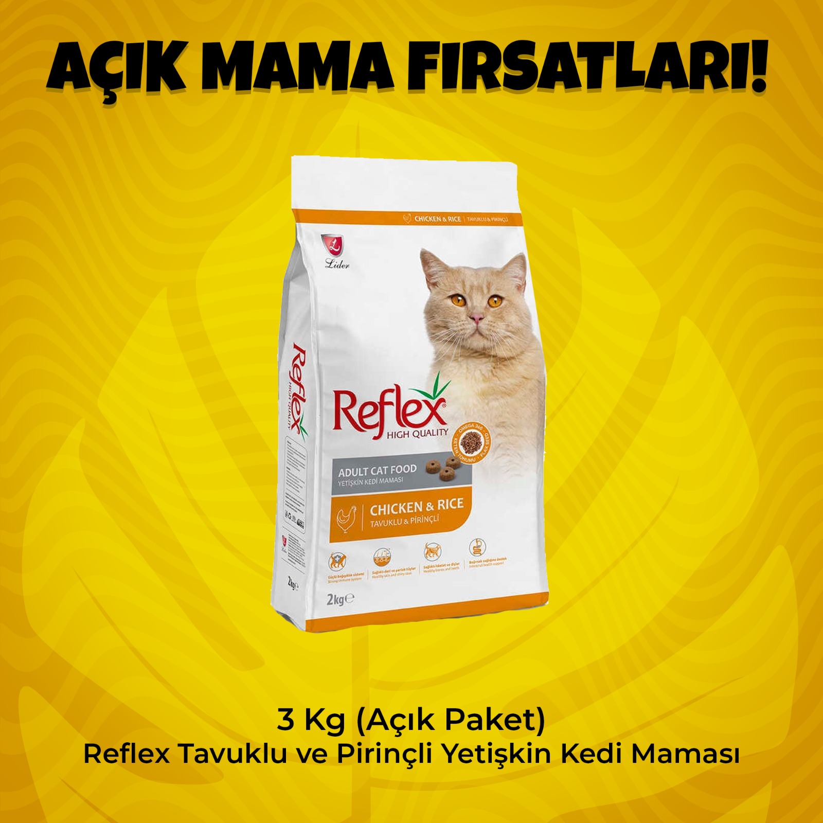 3 Kg (Açık Paket) Reflex Tavuklu ve Pirinçli Yetişkin Kedi Maması 