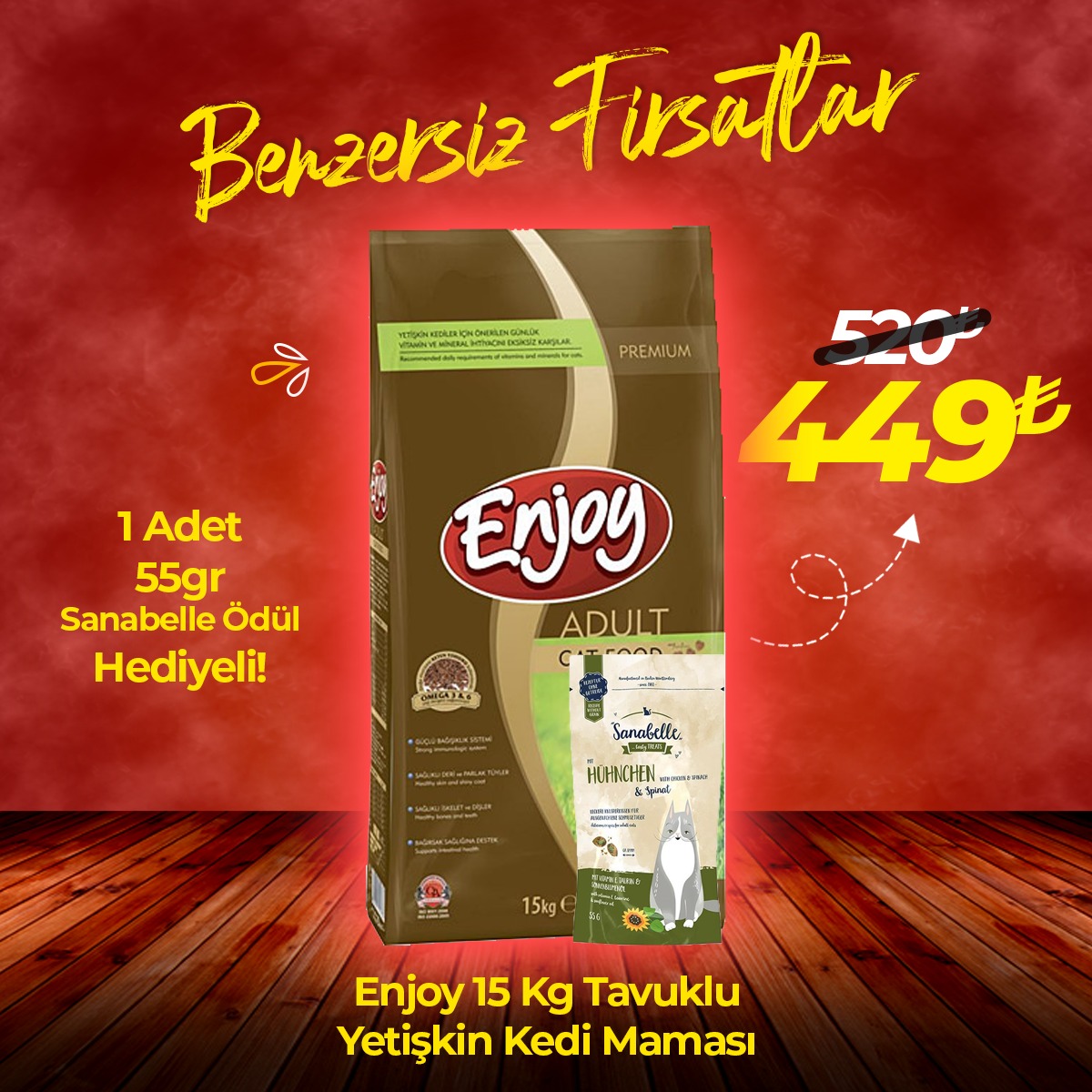 Enjoy Yetişkin Tavuklu Kedi Maması 15 Kg + 1 Adet Sanabelle Kedi Ödül Hediyeli