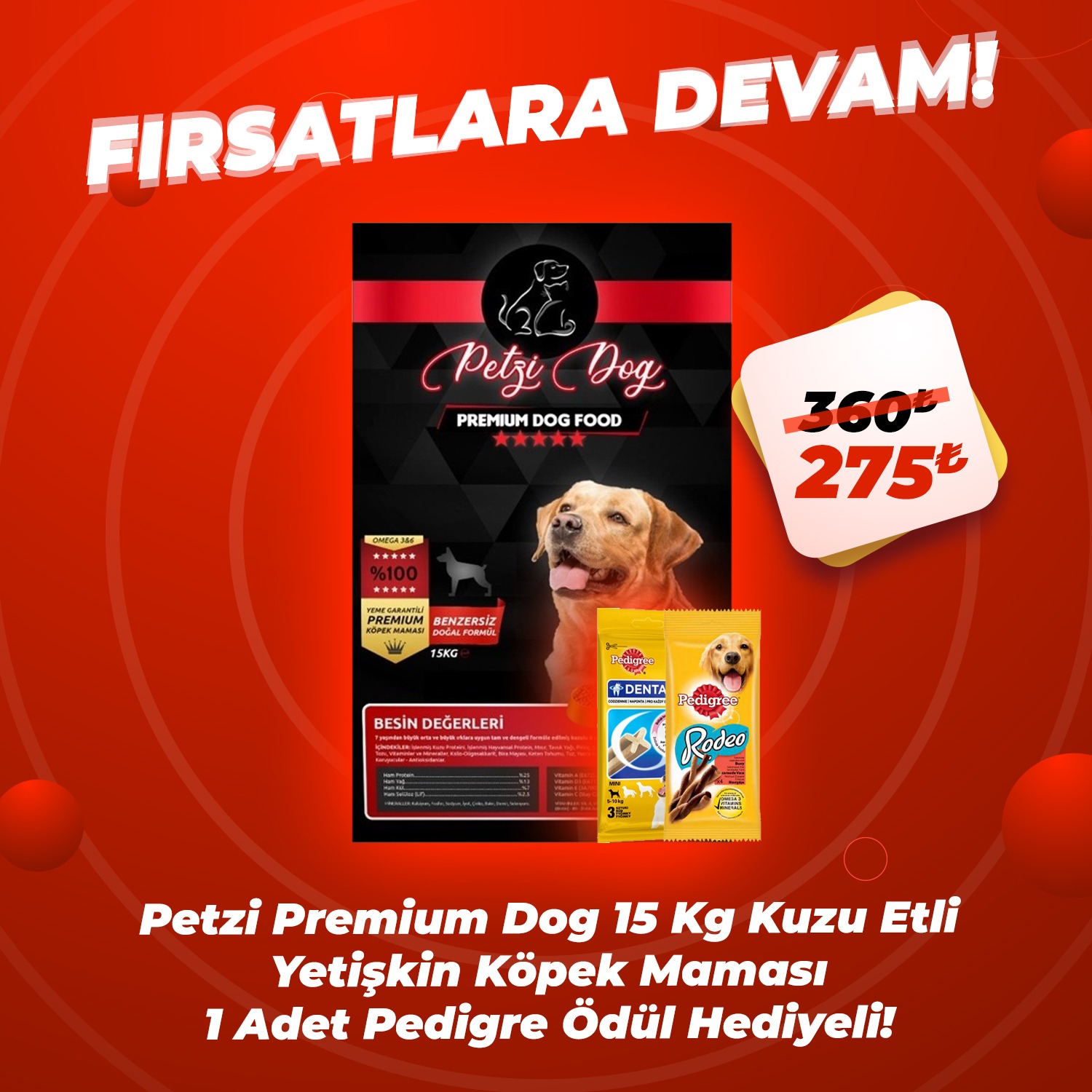 Petzi Dog Kuzu Etli 15 Kg Yetişkin Köpek Maması + 1 Adet Pedigree Ödül Maması Hediye