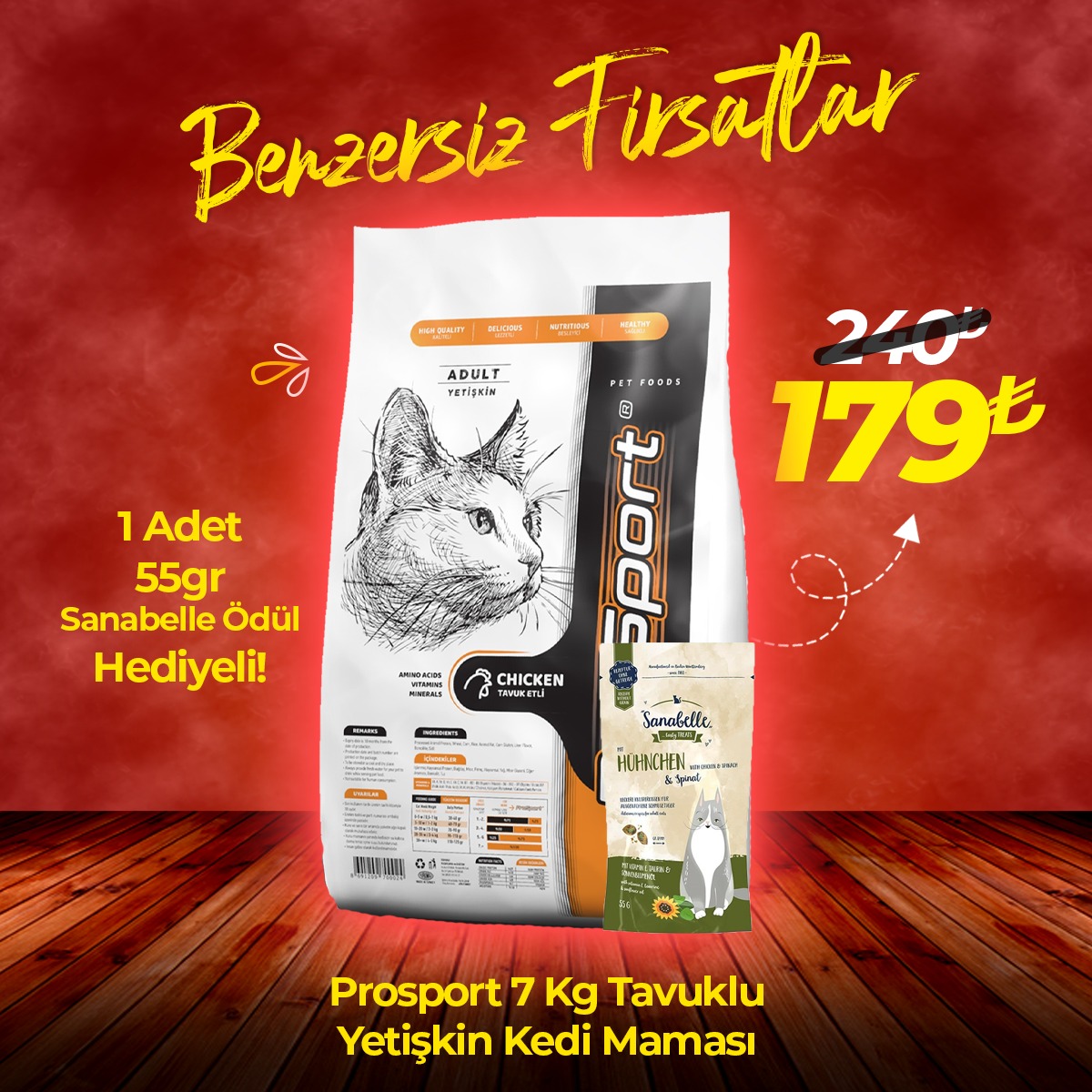 Prosport 7 Kg Tavuklu Yetişkin Kedi Maması + 1 Adet Sanabelle Kedi Ödül Hediyeli
