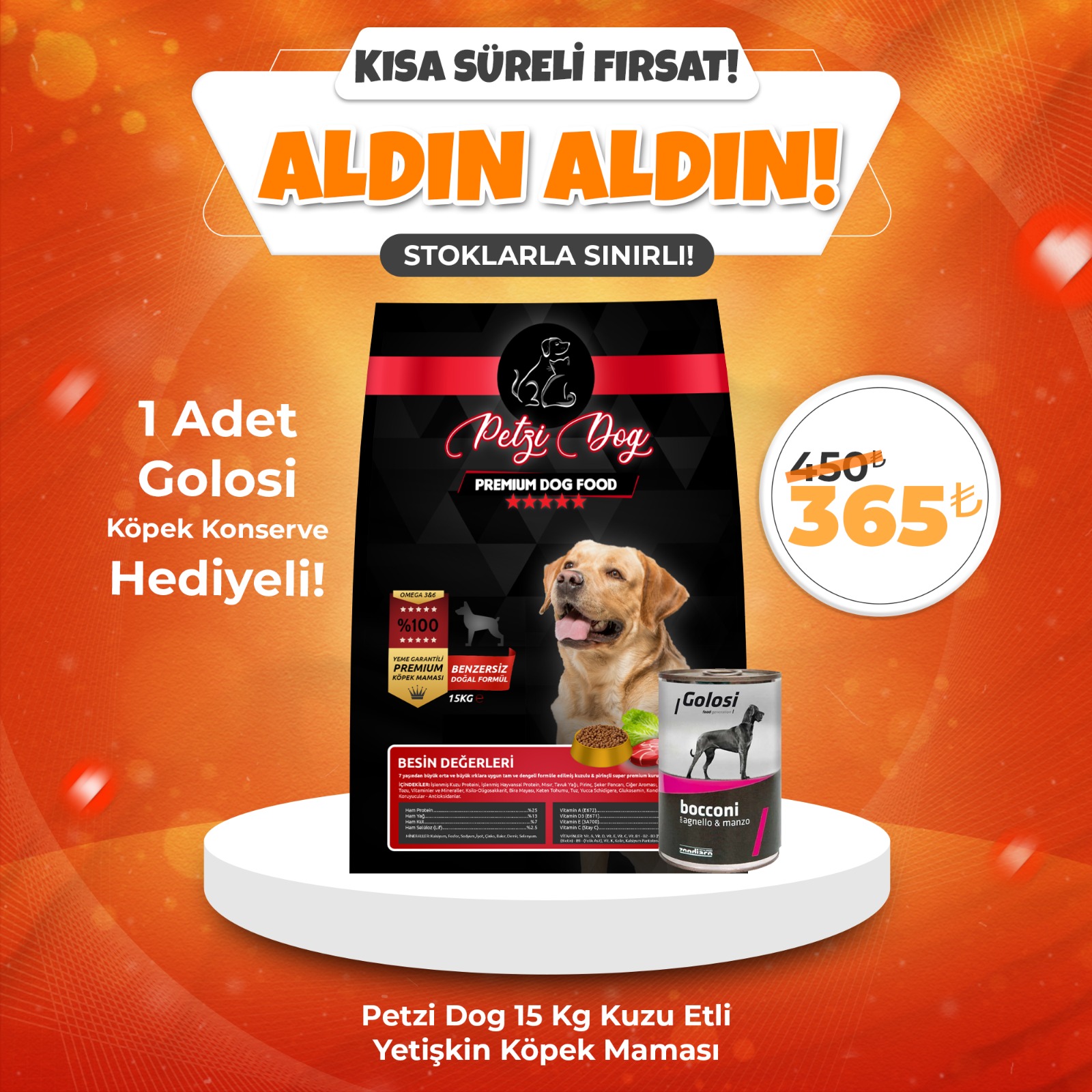 Petzi Dog Kuzu Etli 15 Kg Yetişkin Köpek Maması + 1 Adet Golosi Kuzu Etli Köpek Konserve Hediyeli