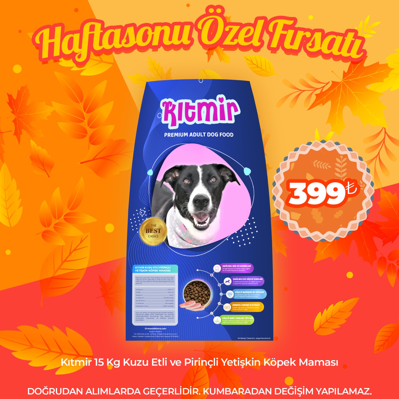 Kıtmir 15 Kg Kuzu Etli ve Pirinçli Yetişkin Köpek Maması