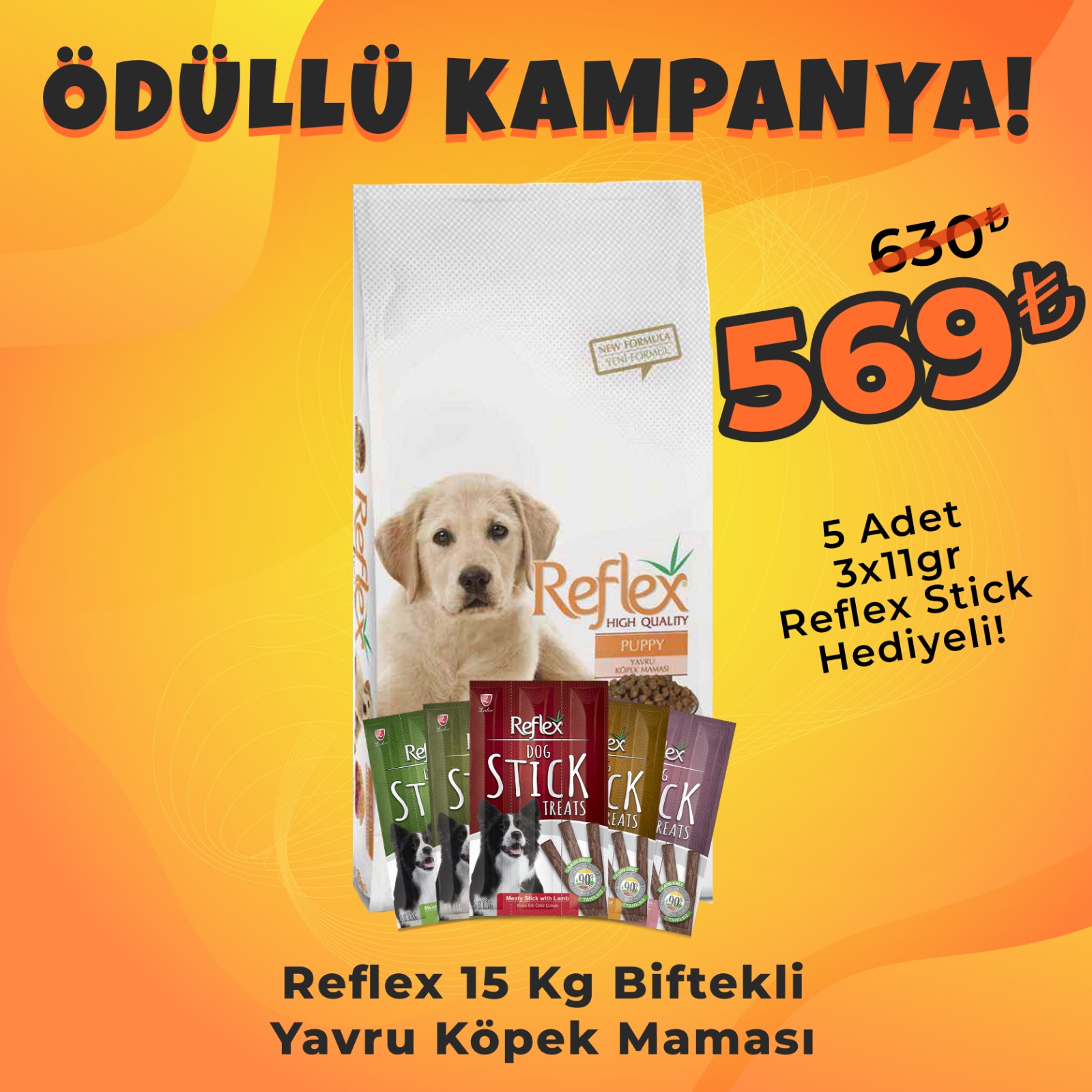 Reflex Beftekli Yavru Köpek Maması 15 Kg+ 5 Adet Reflex Köpek Stick Ödül Hediyeli 3x11 Gr