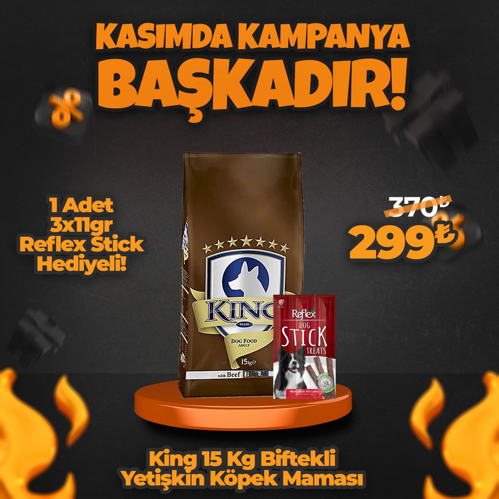 King Yetişkin Biftek Köpek Maması 15 Kg + Reflex Köpek Stick Ödül Hediyeli