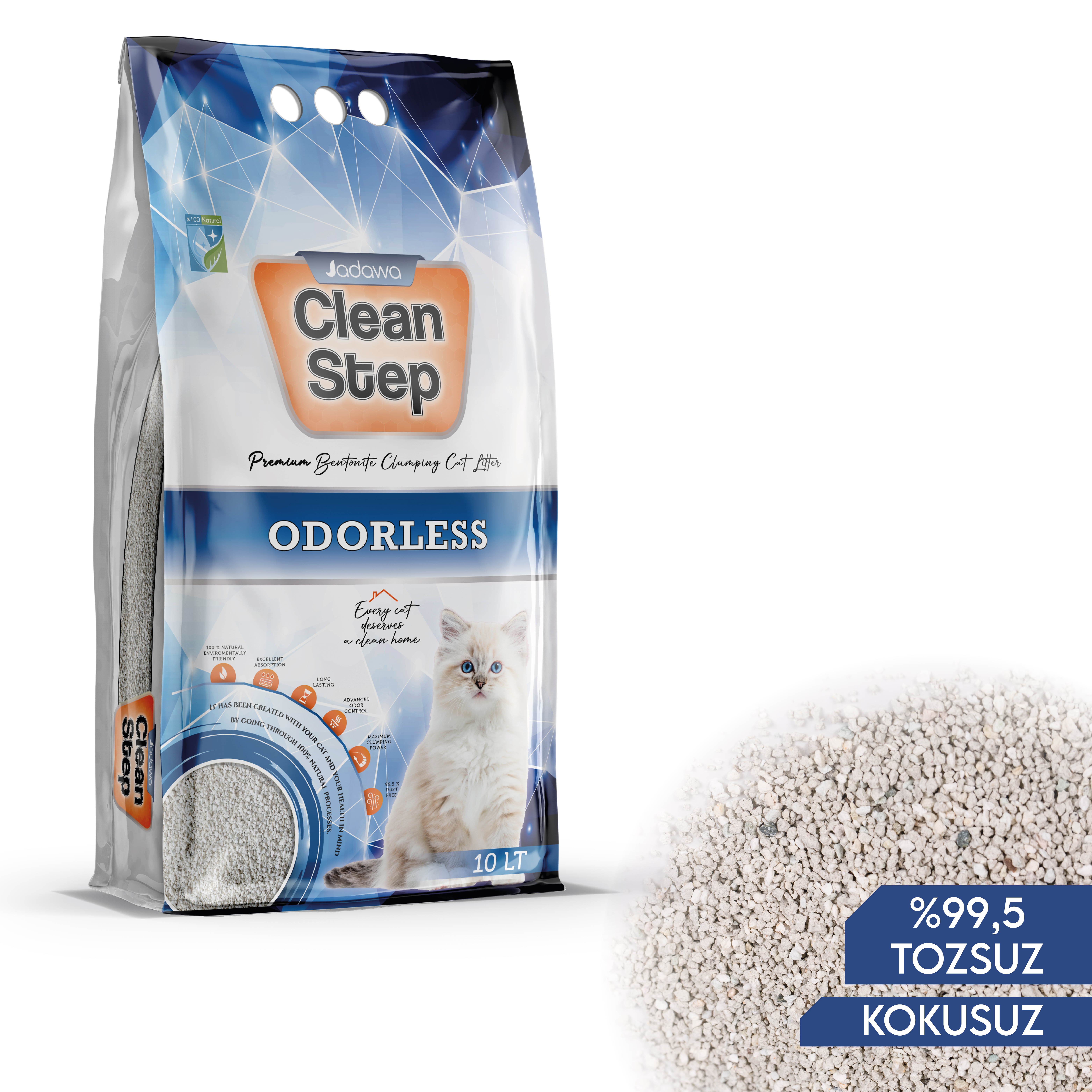 Clean Step Kokusuz (Parfümsüz) Topaklanan İnce Tane Bentonit Kedi Kumu 10 LT