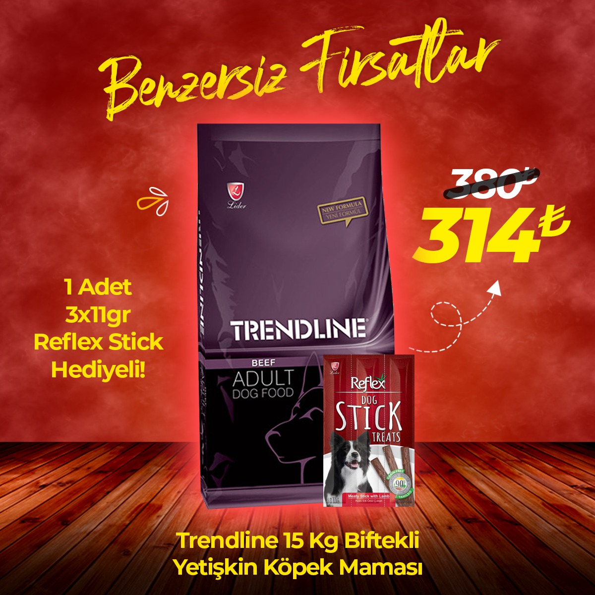Trendline Biftekli Yetişkin Köpek Maması 15 Kg + 1 Adet Reflex Stick Ödül Maması Hediyeli