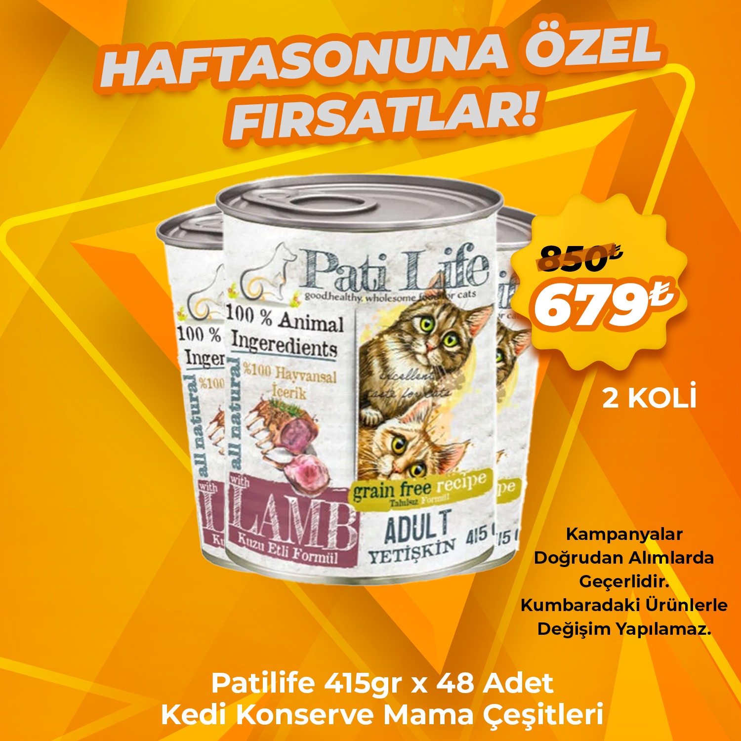 Pati Life Kedi Konserve Çeşitleri 48 Adet x 415 Gr (2 Koli) Avantaj Paketi