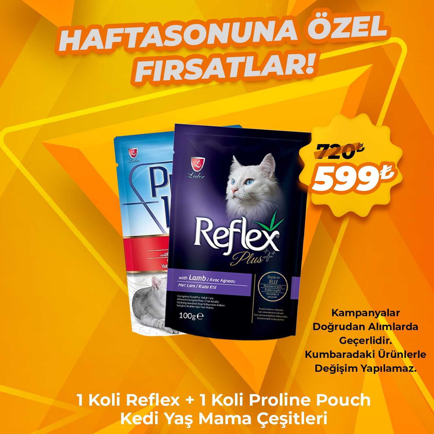 1 Koli Reflex + 1 Koli Proline 100gr x 40 Adet Pouch Kedi Yaş Mama Çeşitleri