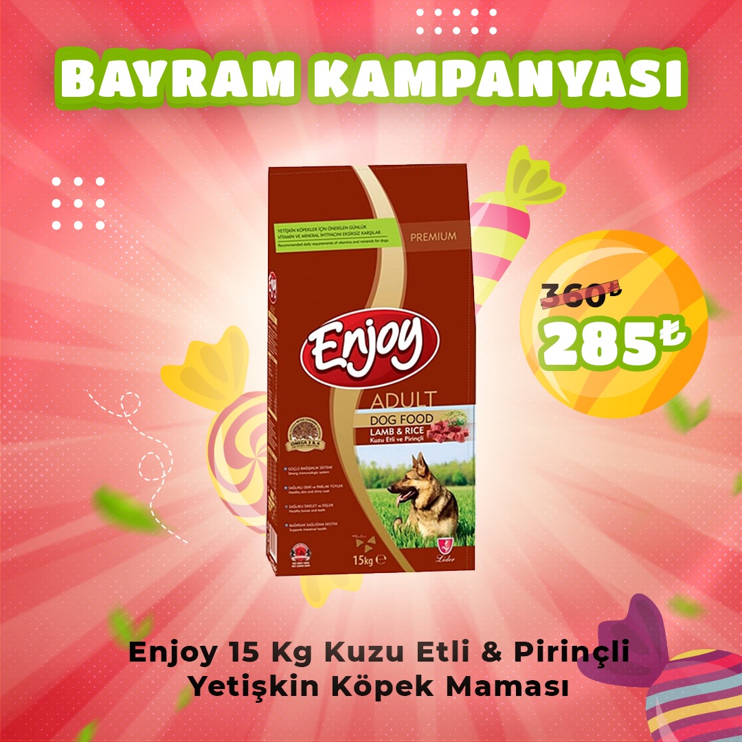 Enjoy 15 Kg Yetişkin Kuzu Etli Pirinçli Yetişkin Köpek Maması + 1 Adet Pedigree Ödül Maması Hediye