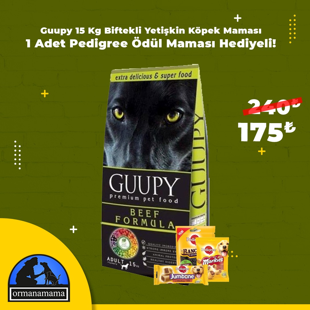 Guupy 15 Kg Biftekli Yetişkin Köpek Maması 1 Adet Pedigree Ödül Maması Hediyeli!