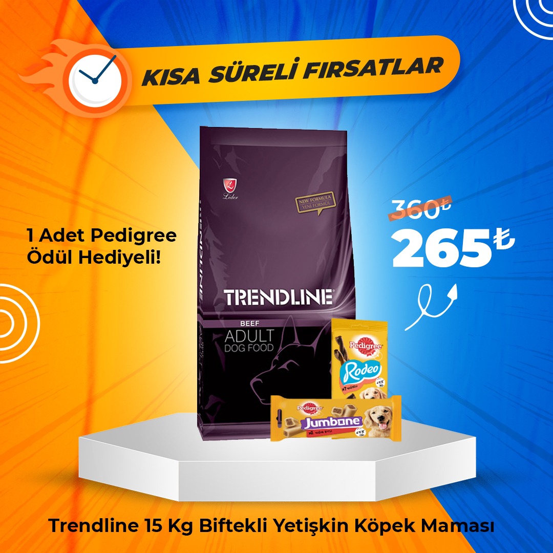 Trendline Biftekli Yetişkin Köpek Maması 15 Kg + 1 Adet Pedigree Ödül Maması Hediyeli