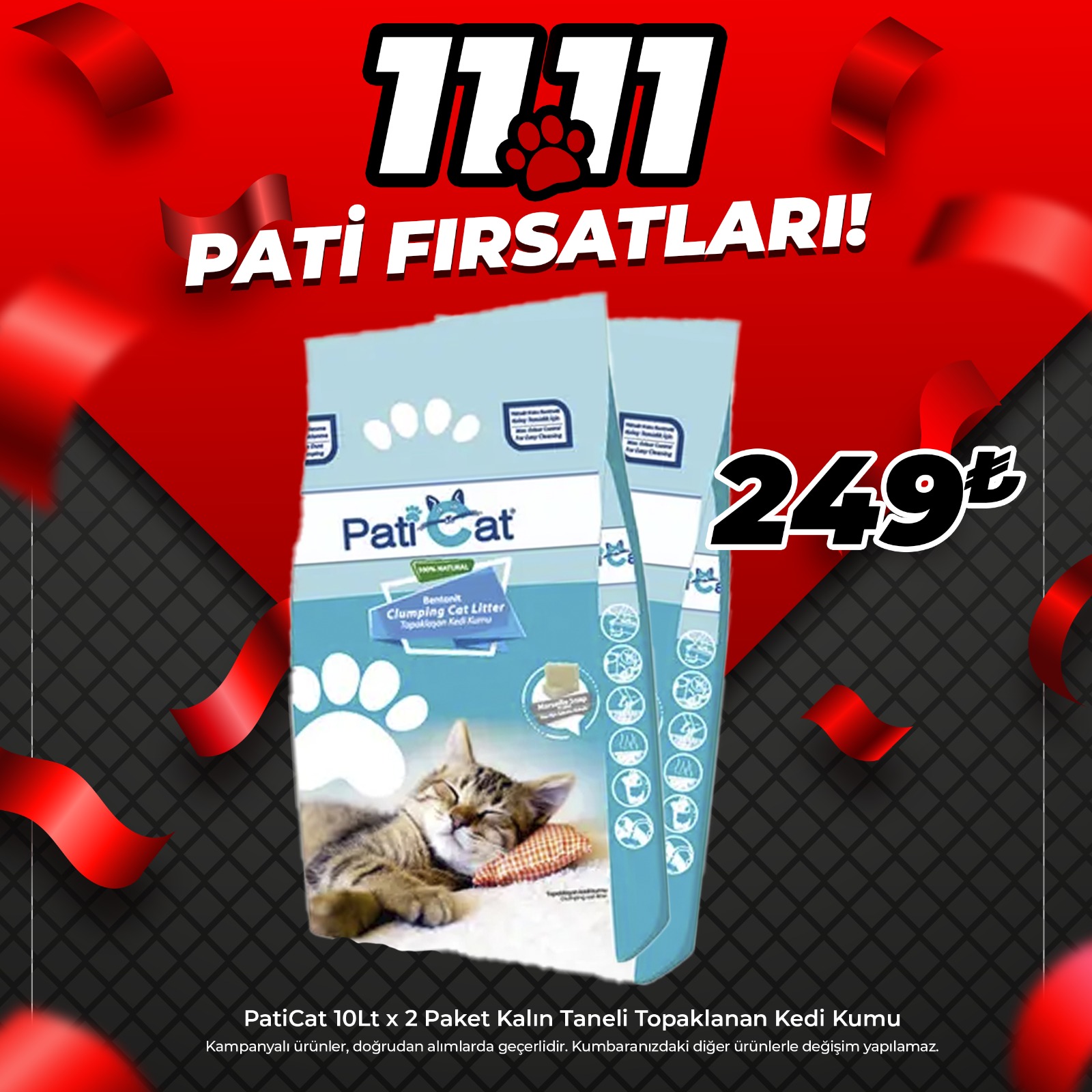 PatiCat 10Lt x 2 Paket Kalın Taneli Topaklanan Kedi Kumu