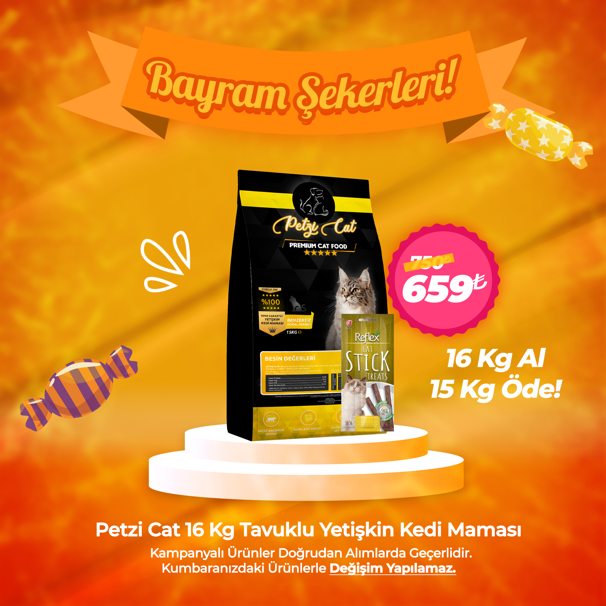 Petzi 16 Kg Tavuklu Yetişkin Kedi Maması ( Avantaj Paketi ) - 1 Adet 3x5gr Reflex Stick Ödül Hediyeli!