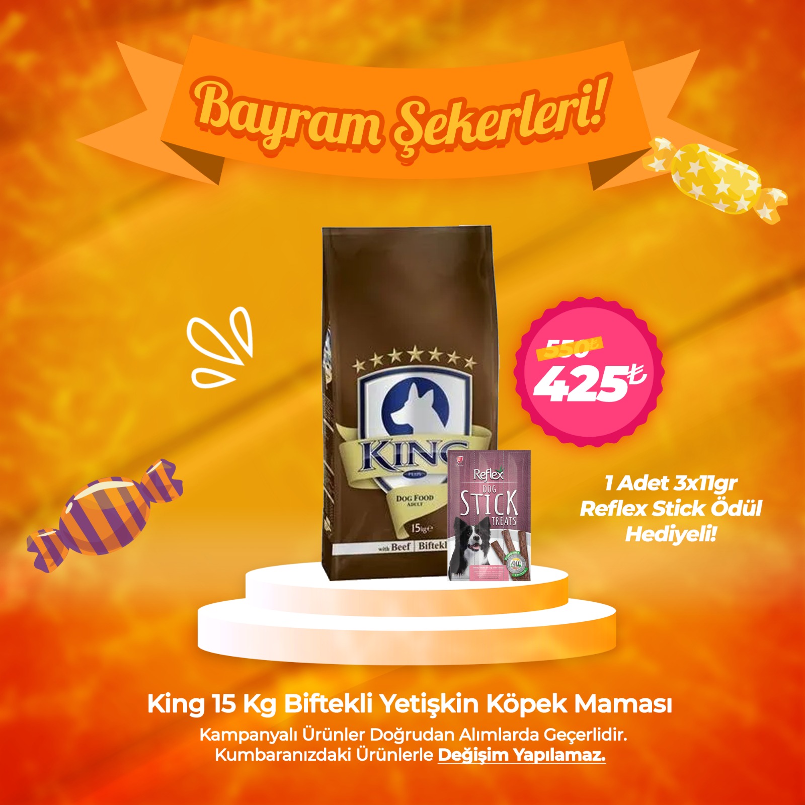 King 15 Kg Biftekli Yetişkin Köpek Maması -  1 Adet 3x11gr Reflex Stick Ödül Hediyeli!