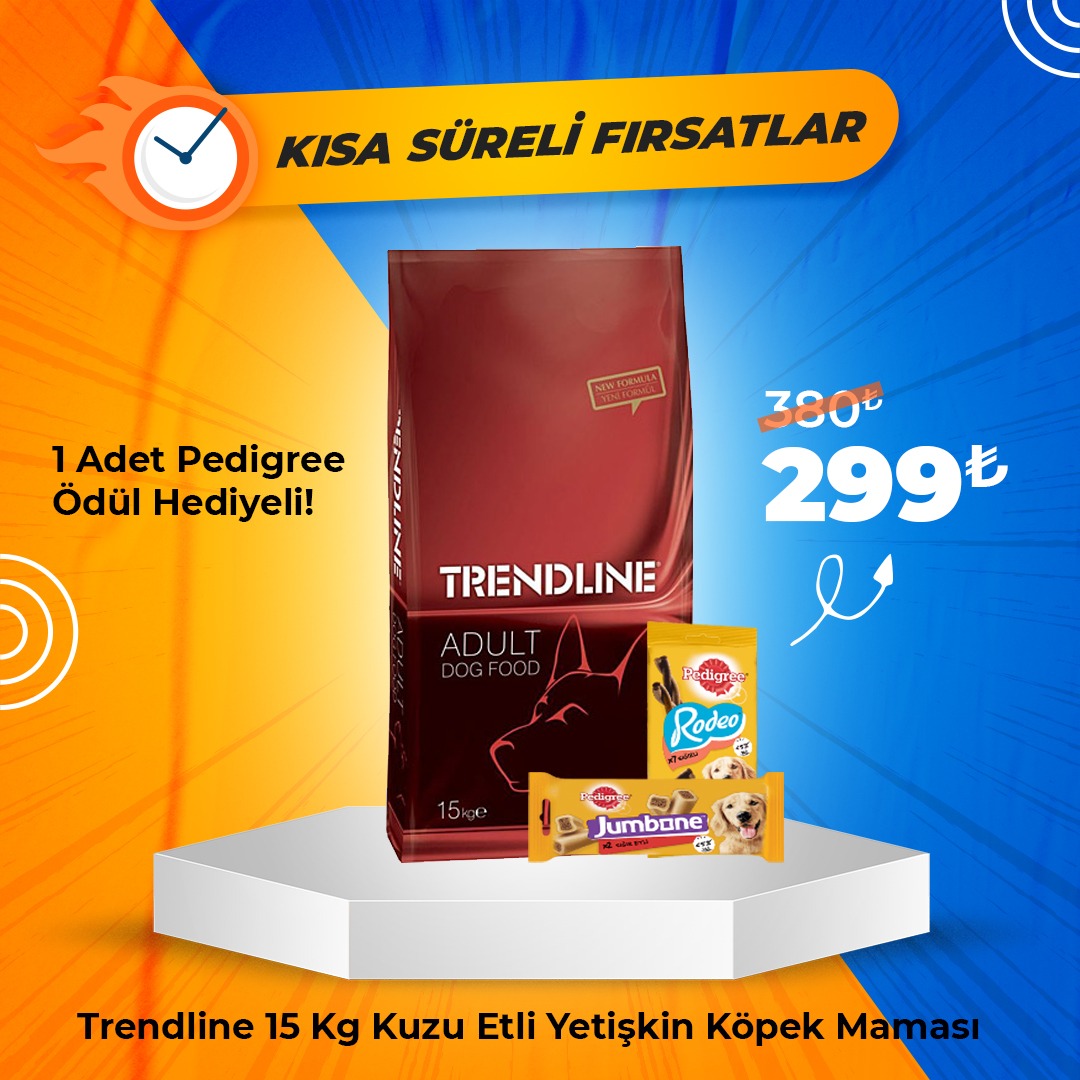 Trendline Kuzu Etli Yetişkin Köpek Maması 15 Kg + 1 Adet Pedigree Ödül Maması Hediye