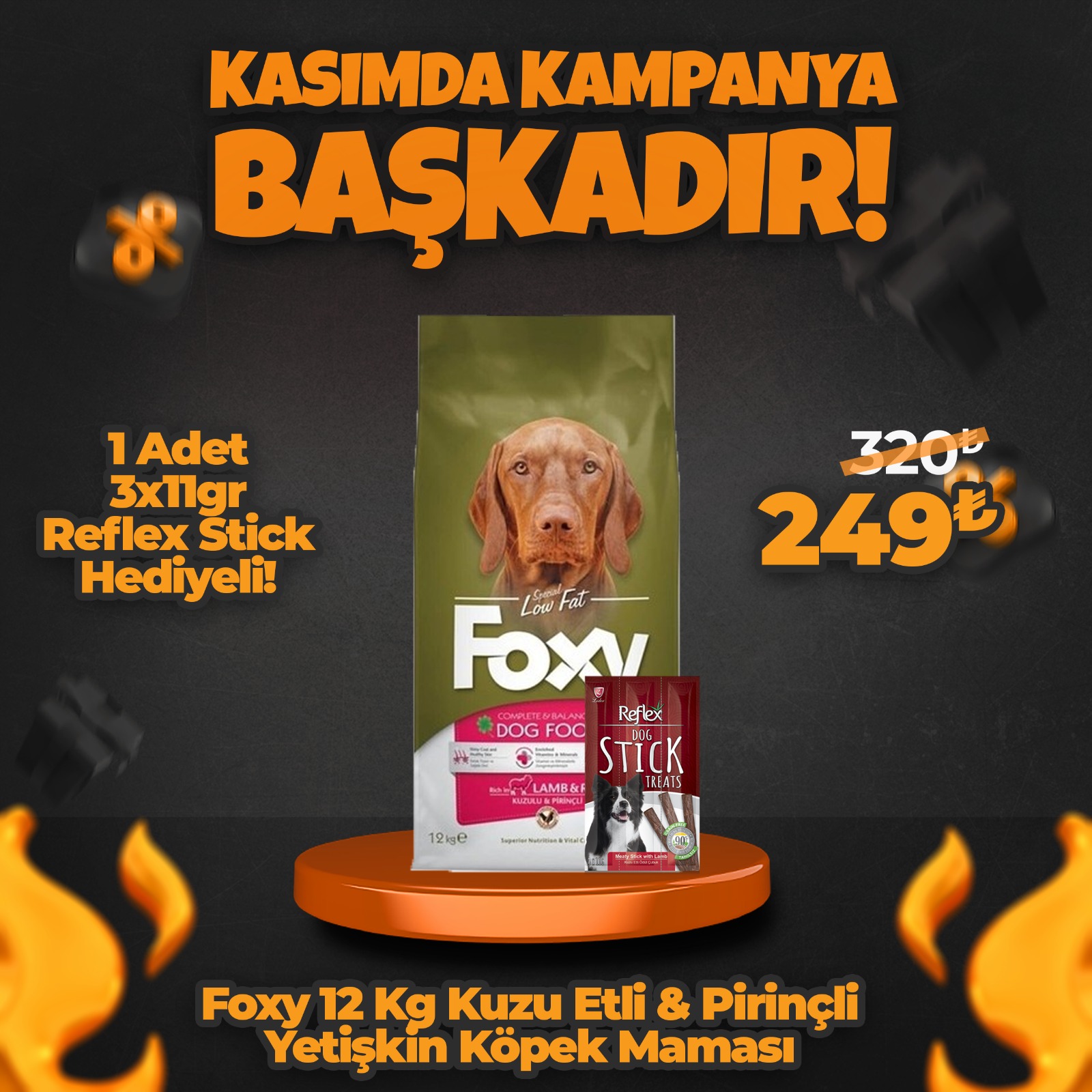 Foxy 12 Kg Kuzu Etli Yetişkin Köpek Maması + 1 Adet 3x11gr Reflex Stick Hediyeli