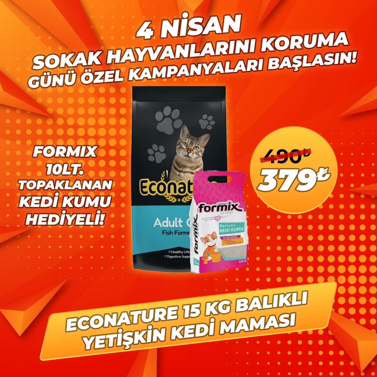 Econature Balıklı Yetişkin Kedi Maması 15 kg + Formix 10 Lt Bentonit Kedi Kumu Hediye