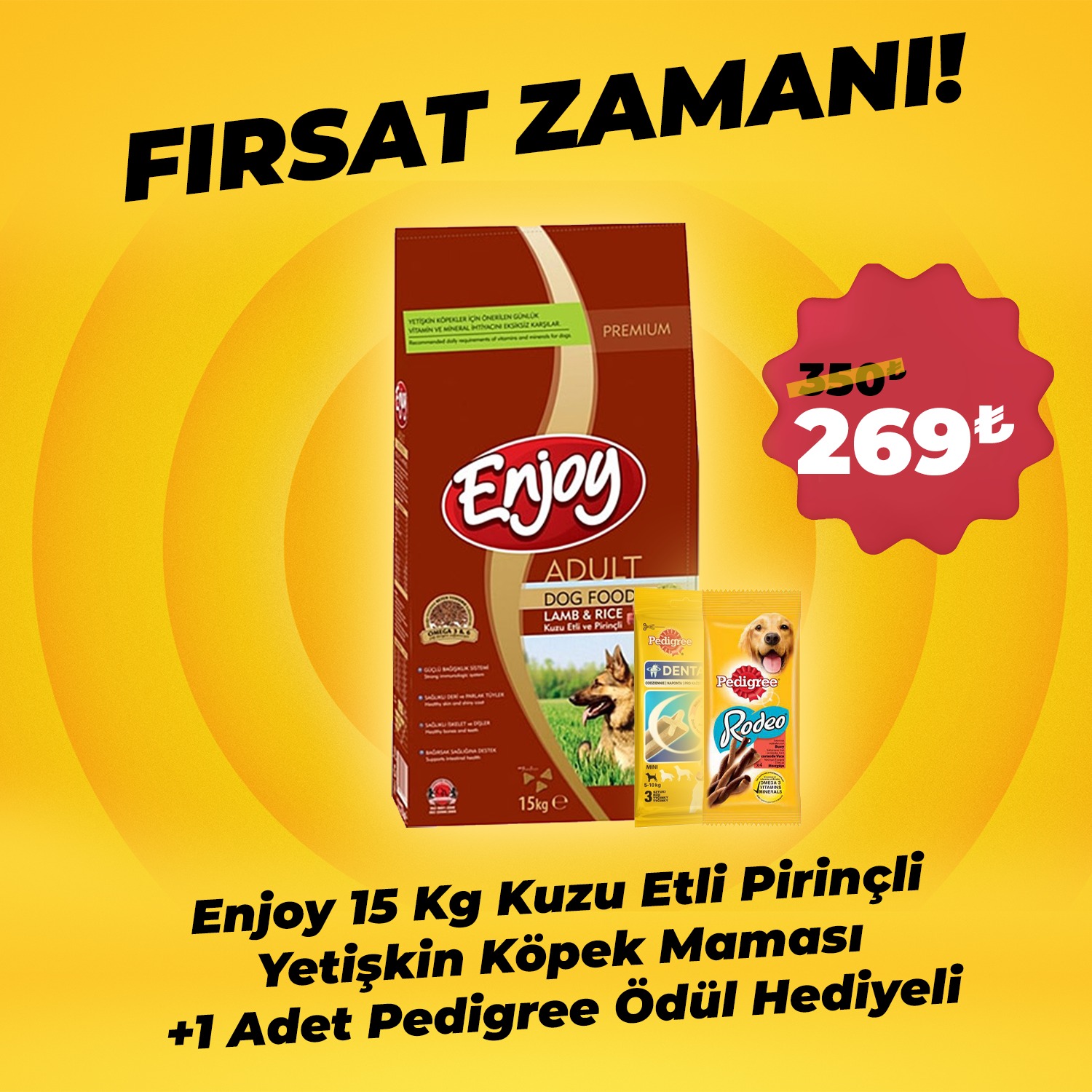 Enjoy Yetişkin Kuzu Etli Pirinçli Köpek Maması 15 Kg + 1 Adet Pedigree Ödül Maması Hediyeli