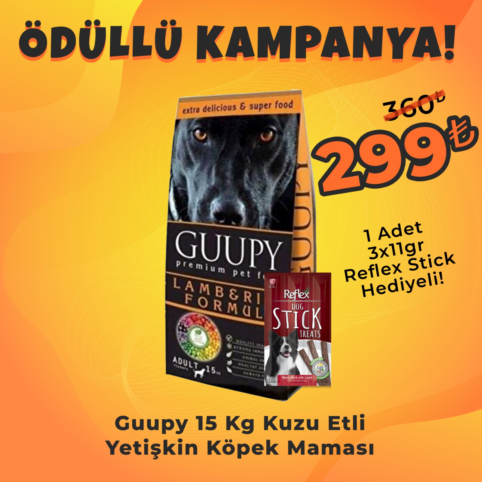 Guupy 15 Kg Kuzu Etli Yetişkin Köpek Maması + Reflex Köpek Stick Ödül Hediyeli 3x11 Gr