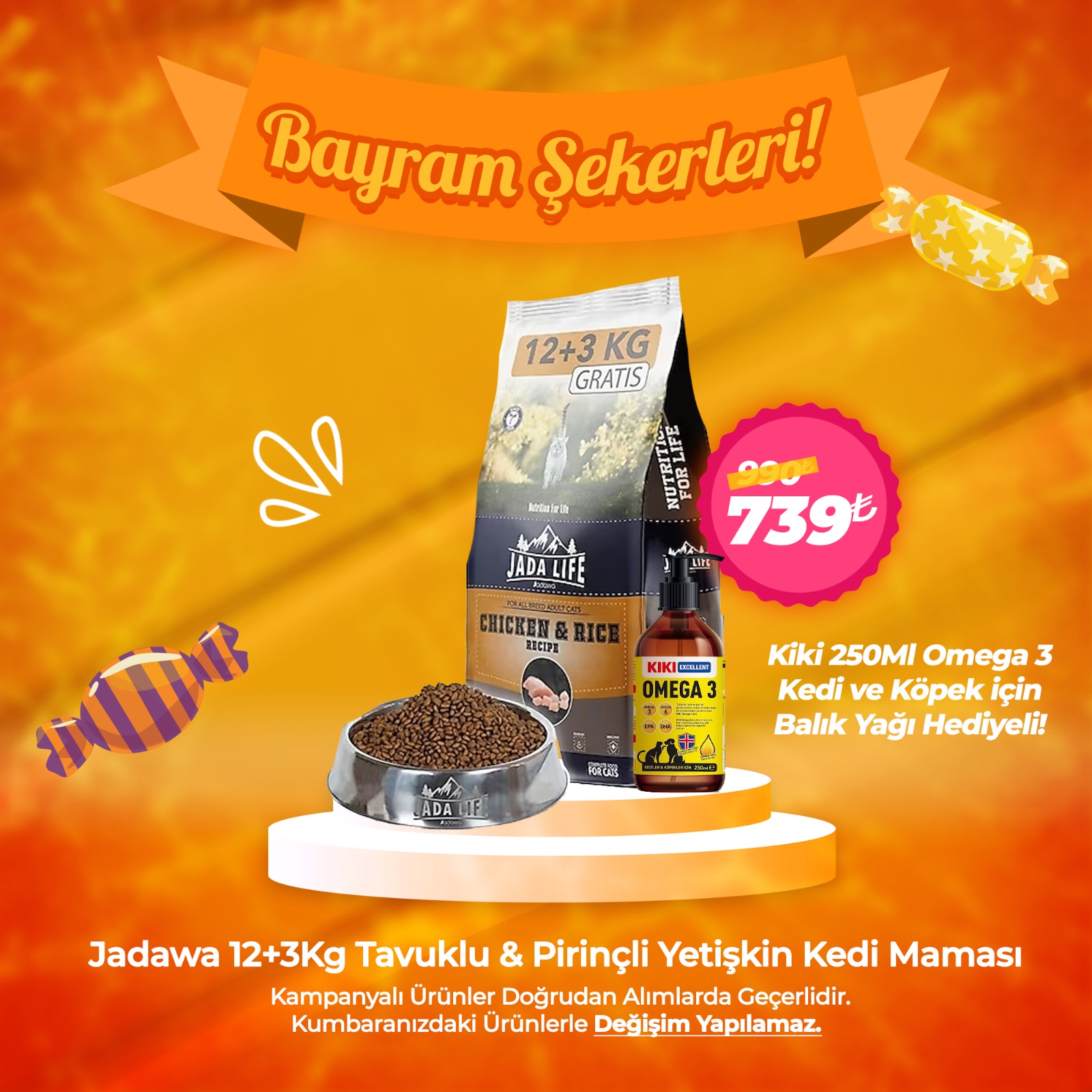 Jada Life 12+3Kg Tavuk Etli & Pirinçli Yetişkin Kedi Maması - 1 Adet Kiki 250Ml Omega 3 Balık Yağı Hediyeli!